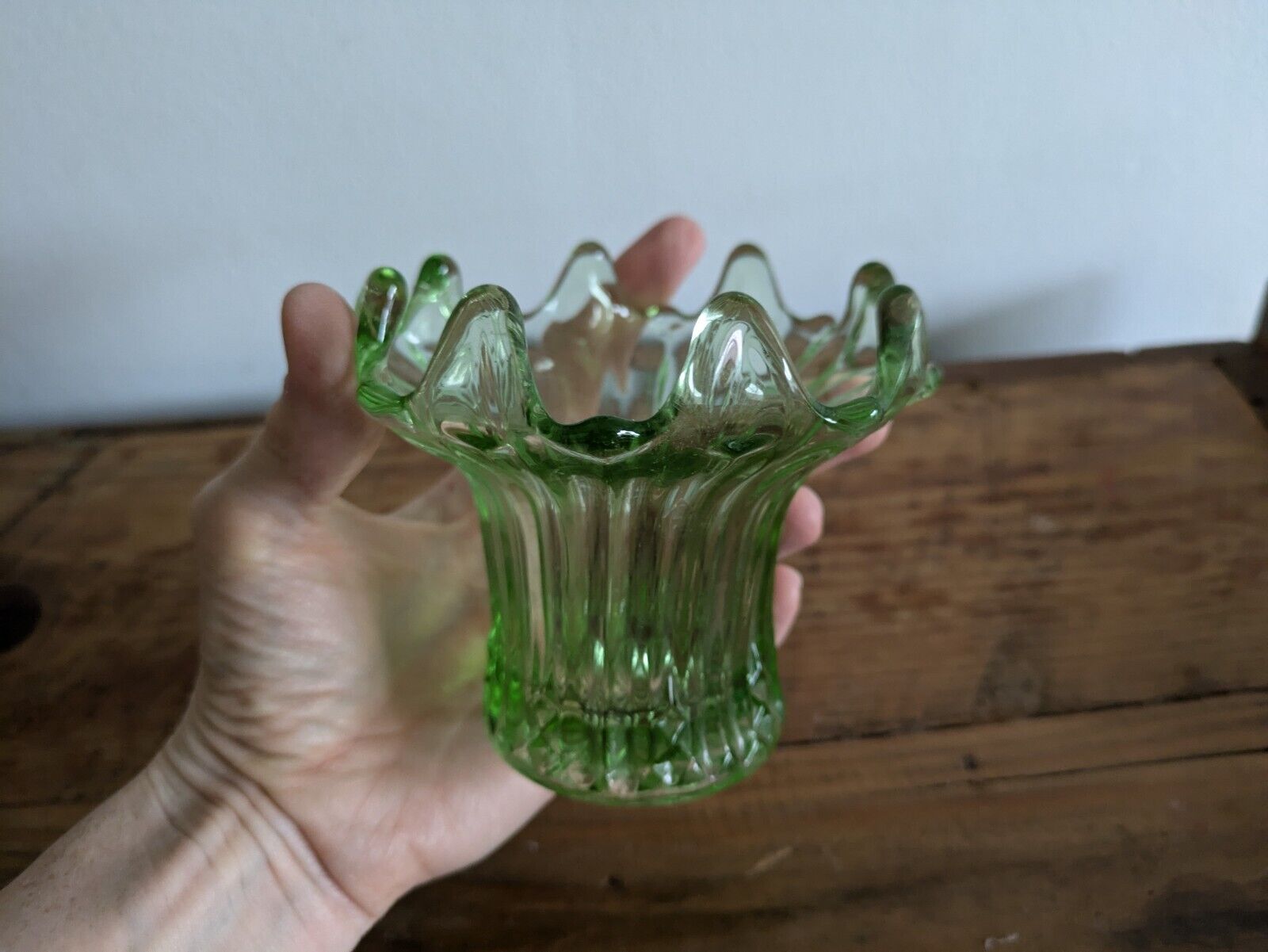 Vintage Art Deco 1930's SOWERBY Lily Gren Pressed Art Glass Posy Vase VGC Small