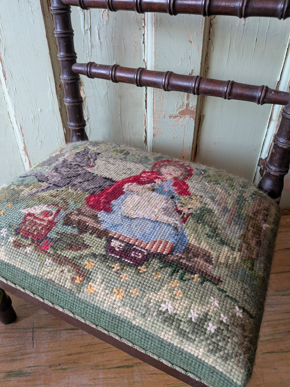 Antique Bobbin Faux Bamboo Childs Chair Apprentice Tapestry Seat Red Riding Hood