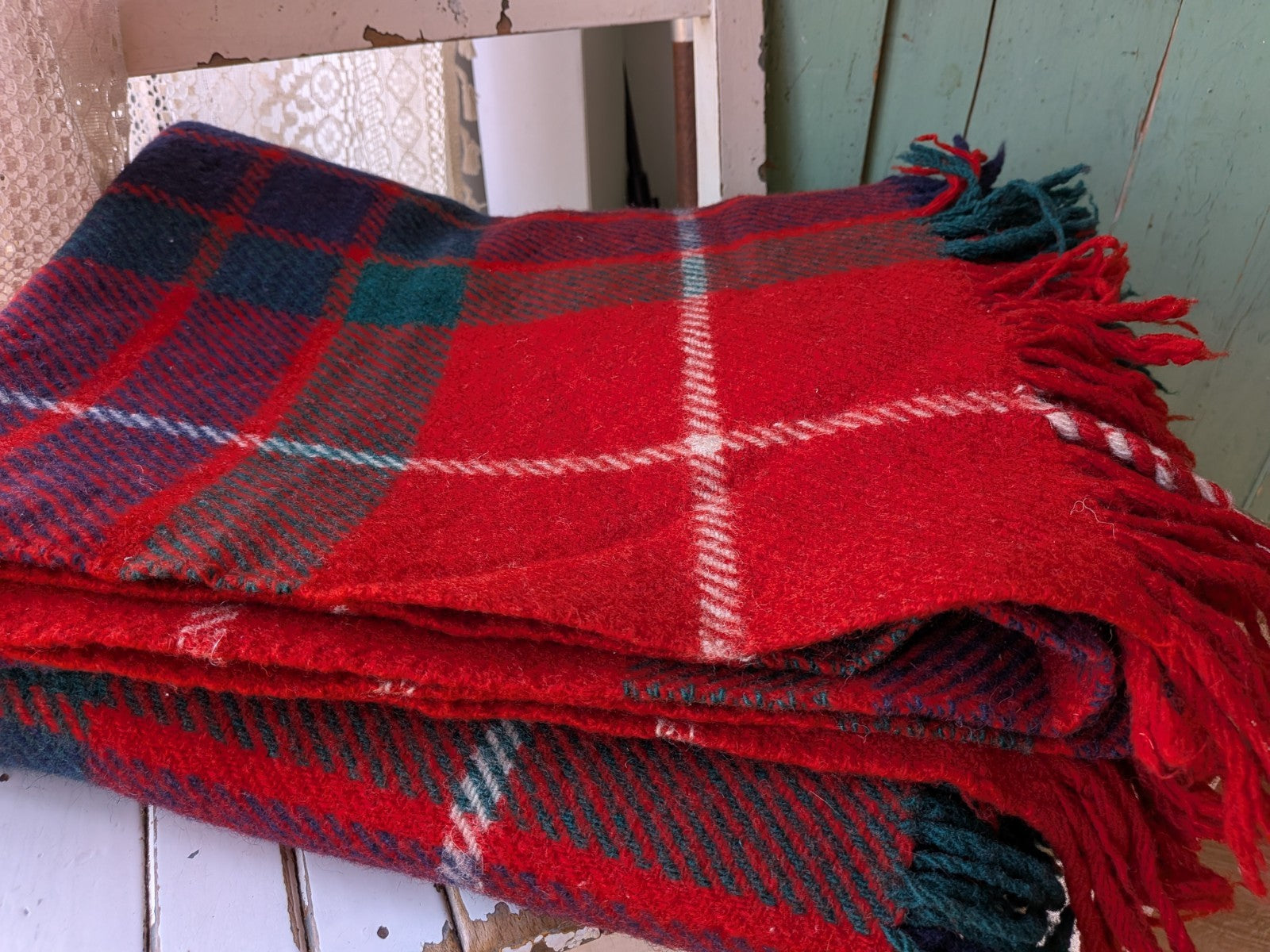 Red/Green All Wool Tartan Fringed Vintage Blanket 'The Clan' Rug Retro Scottish 