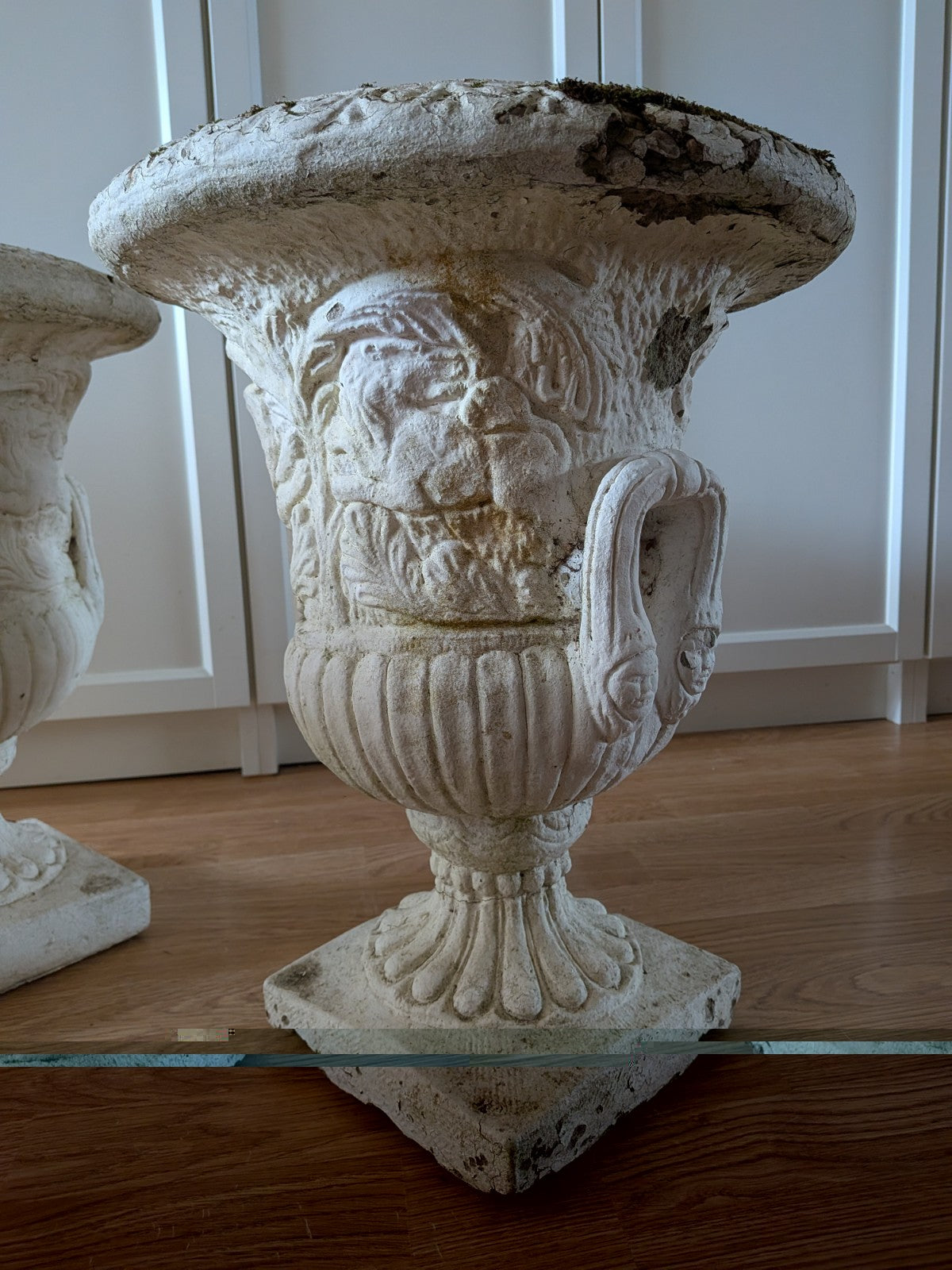 Pair Reclaimed Classical Medici Garden Urn Planter Cast Stone Handles Weathered