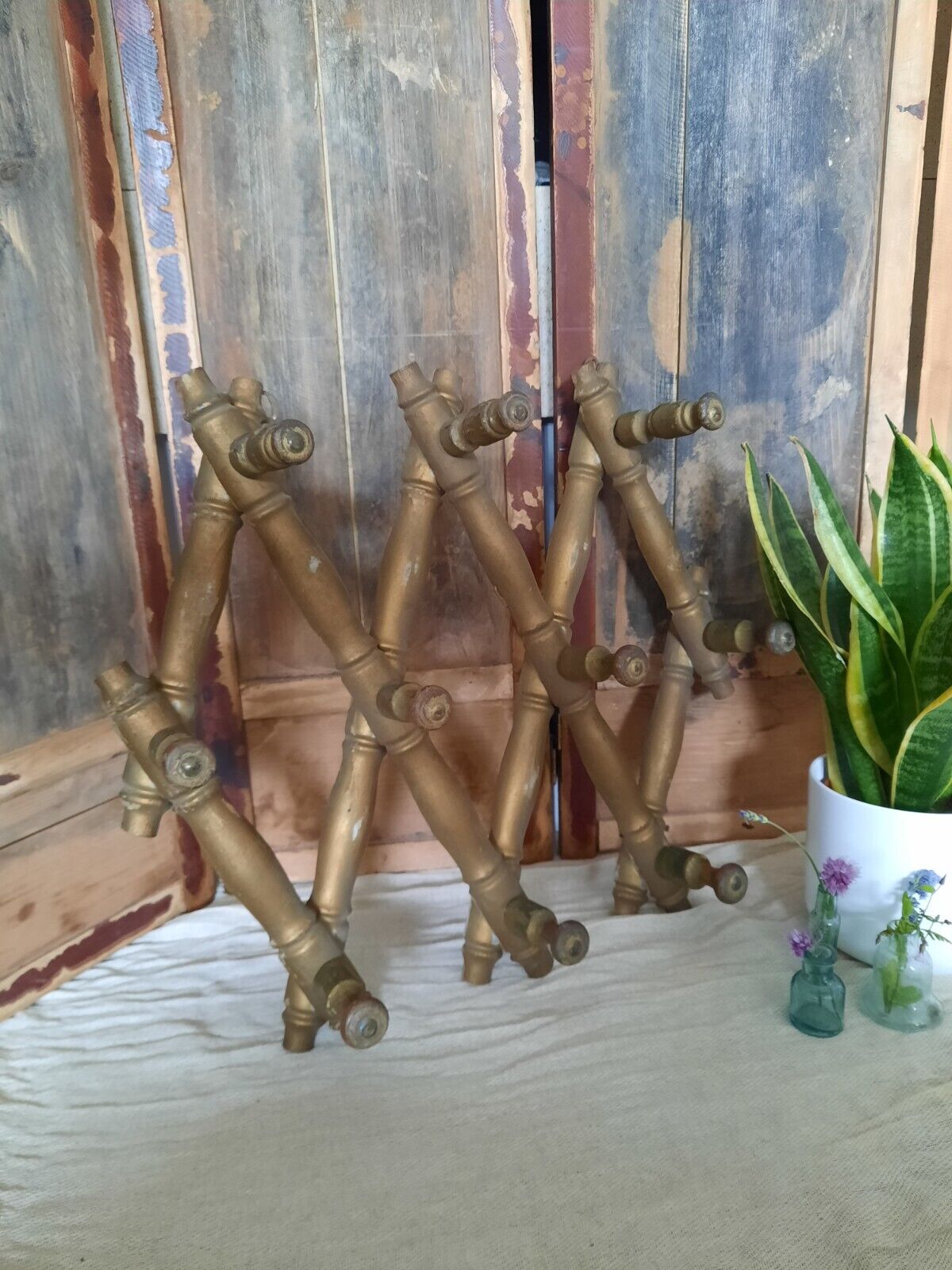 Vintage Wooden Folding Wall Hooks coat Rack Faux bamboo boho French Antique old