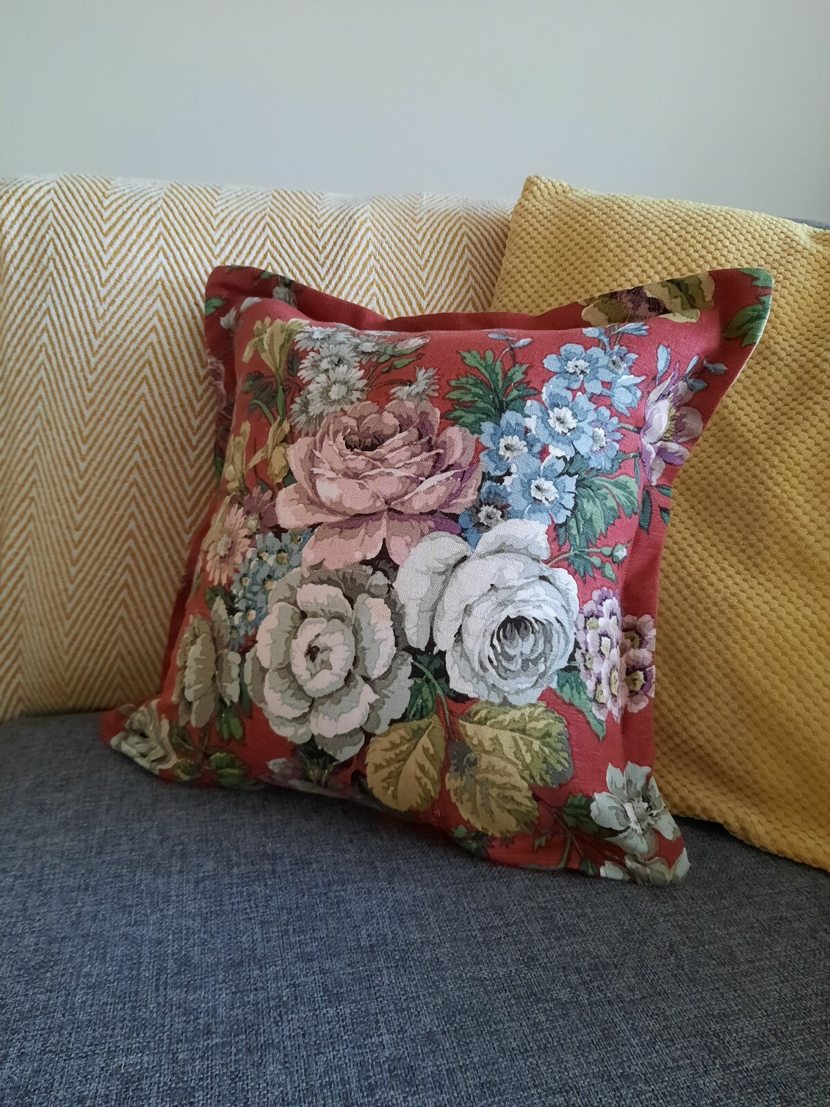 Vintage Sanderson Floral LINEN Cushion Cover inner Square 50cm sq feather pink