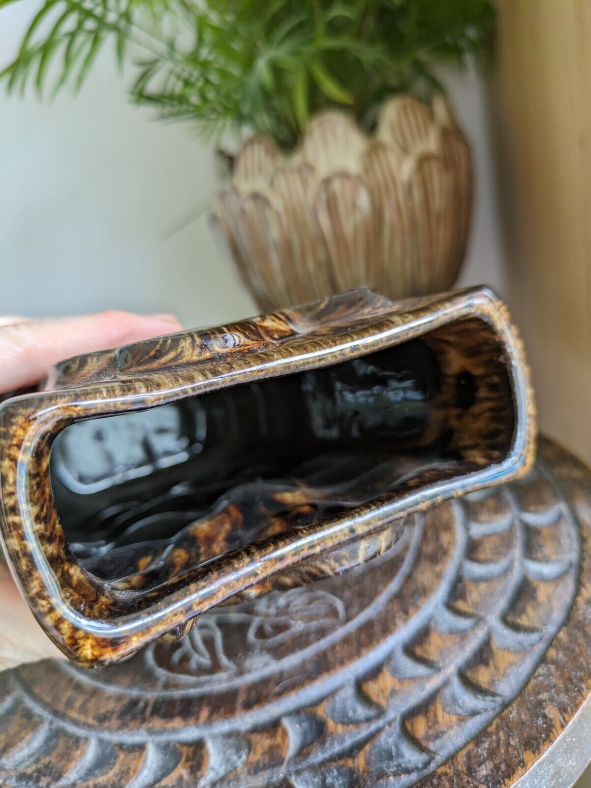 Flower Power Pottery Vase Honeycomb Mottled Brown Drip Glaze 1960s Retro Vintage