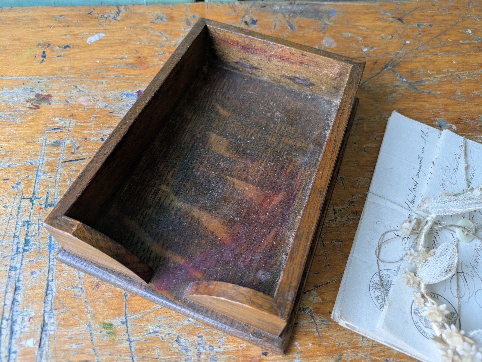 Antique Wooden Desk Filing Tray Paper File Storage 1920s Corners Early VTG Oak.