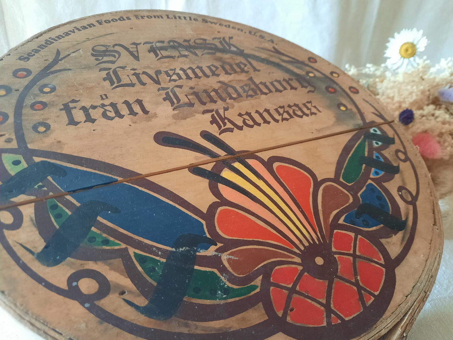 Vtg Wooden Pantry Box Hand Painted Flowers Little Sweden, USA Food Bentwood Rare