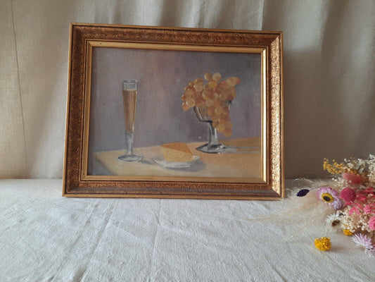 1960 original Madame Cliente Garay Grapes Wine Cheese Still Life Painting Framed