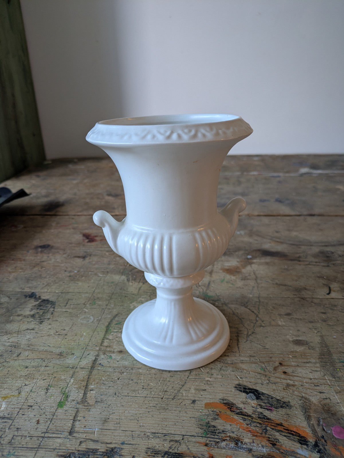 Vintage Dartmouth Potteries White Classical Ribbed Handled Rose Bowl Urn Vase
