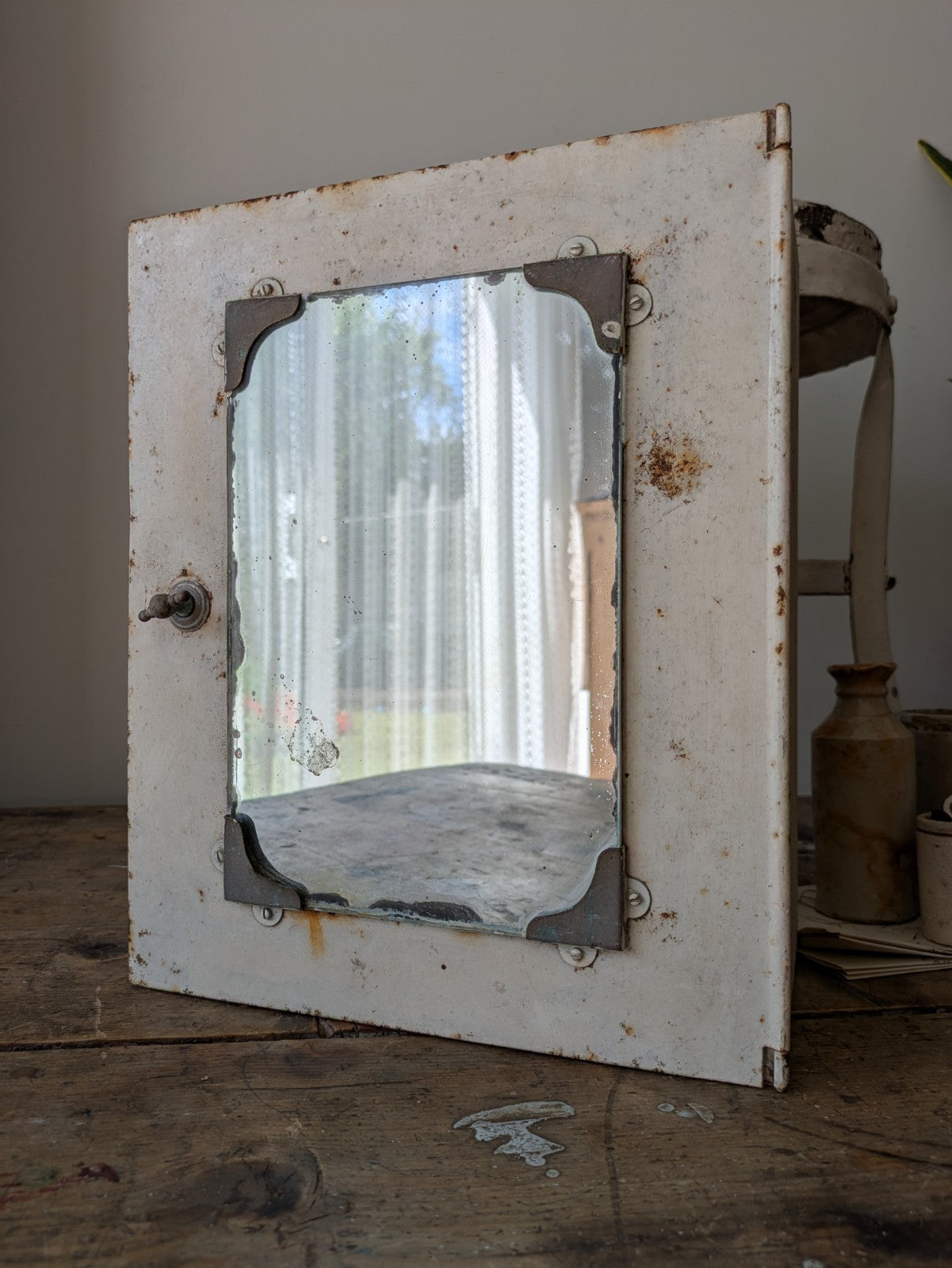Vintage 1920s 30s Bathroom Metal Medical Wall Cabinet with Mirror Retro White 