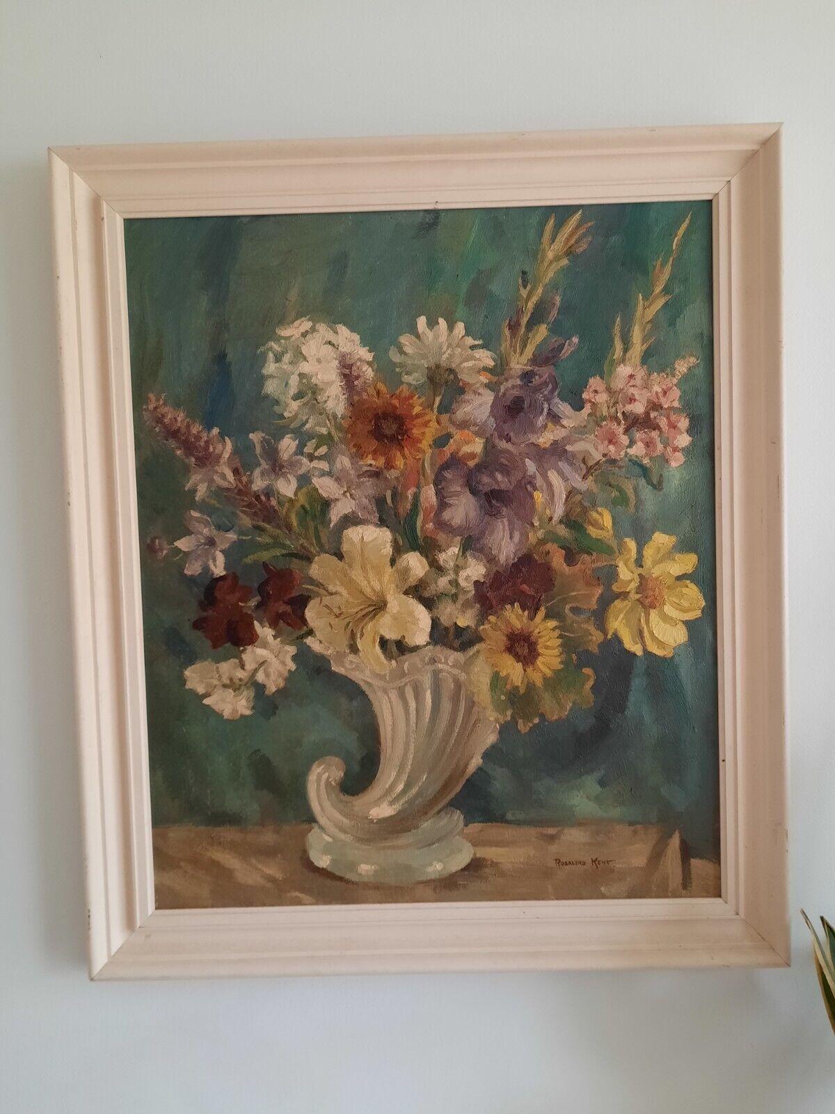 ANTIQUE STILL LIFE PAINTING OIL ON CANVAS BOUQUET VINTAGE FLORAL ROSALIND KENT