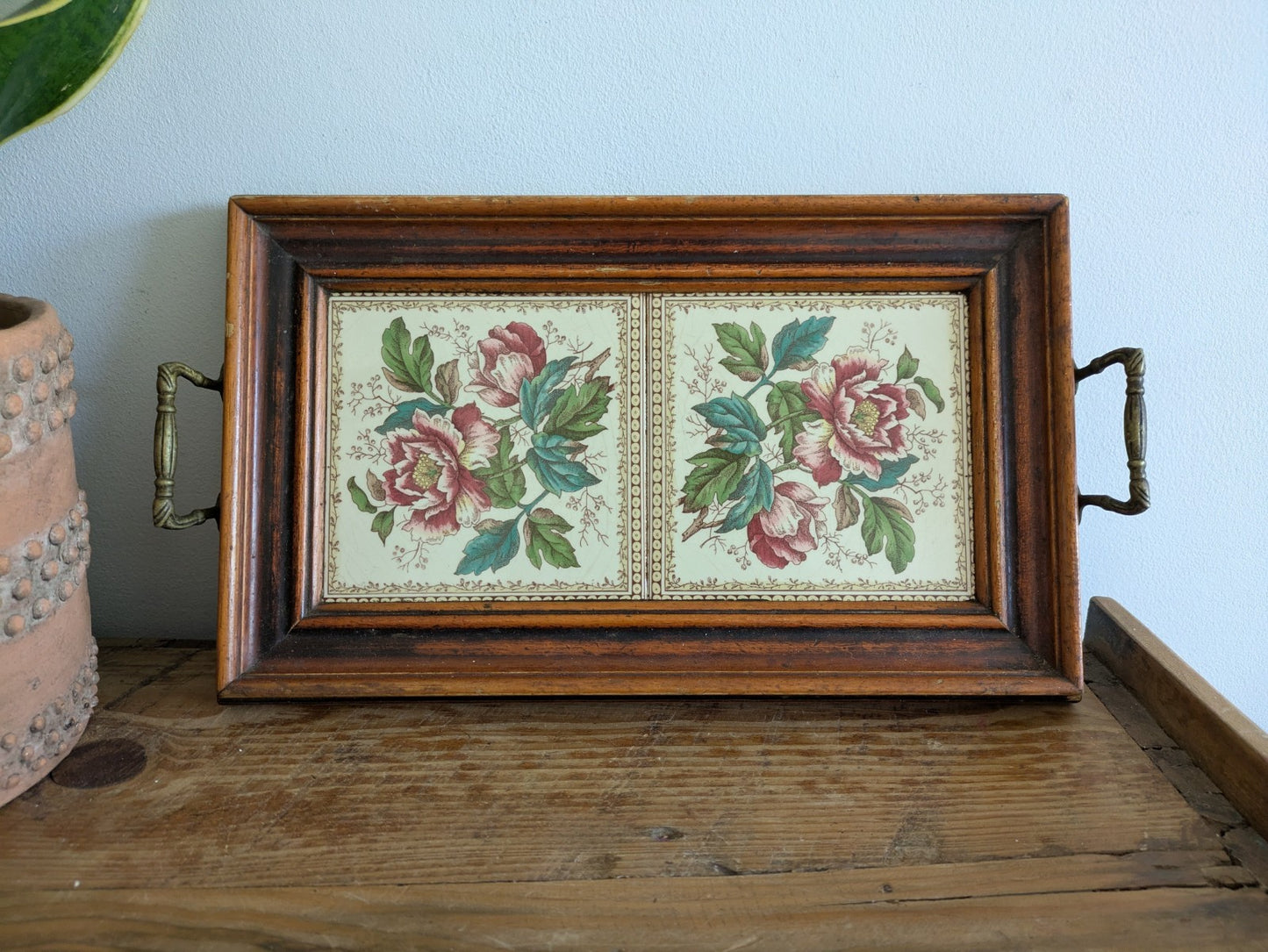 Vintage Tray Ceramic Rose Floral Tiles Wooden Frame & Brass Handles Serving Old!