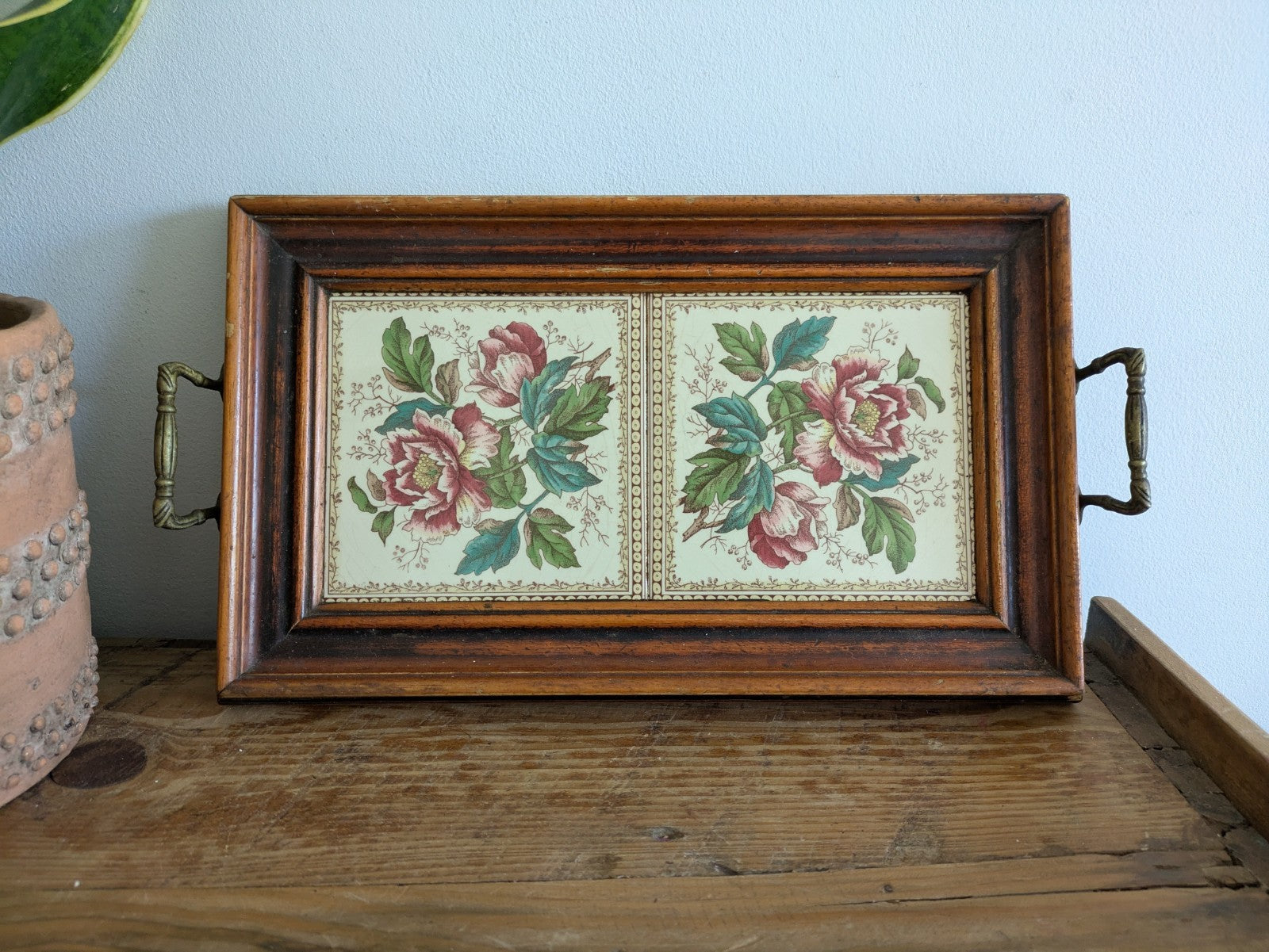 Vintage Tray Ceramic Rose Floral Tiles Wooden Frame & Brass Handles Serving Old!