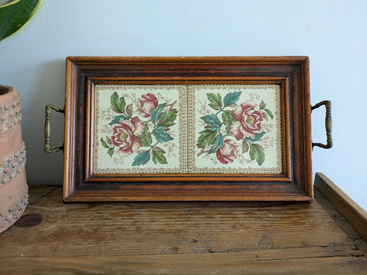 Vintage Tray Ceramic Rose Floral Tiles Wooden Frame & Brass Handles Serving Old!