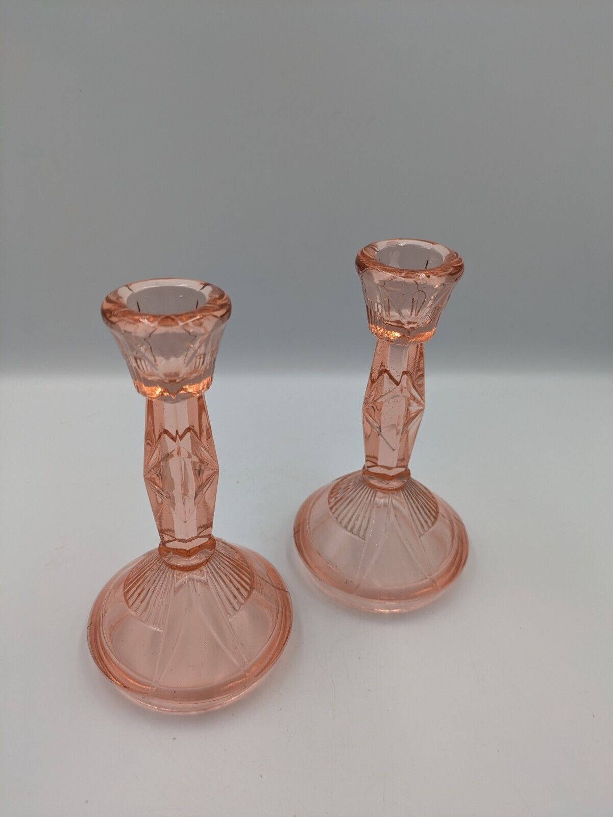 PAIR ART DECO VINTAGE GLASS DEPRESSION PINK GLASS CANDLESTICKS WALTHER VANITY 