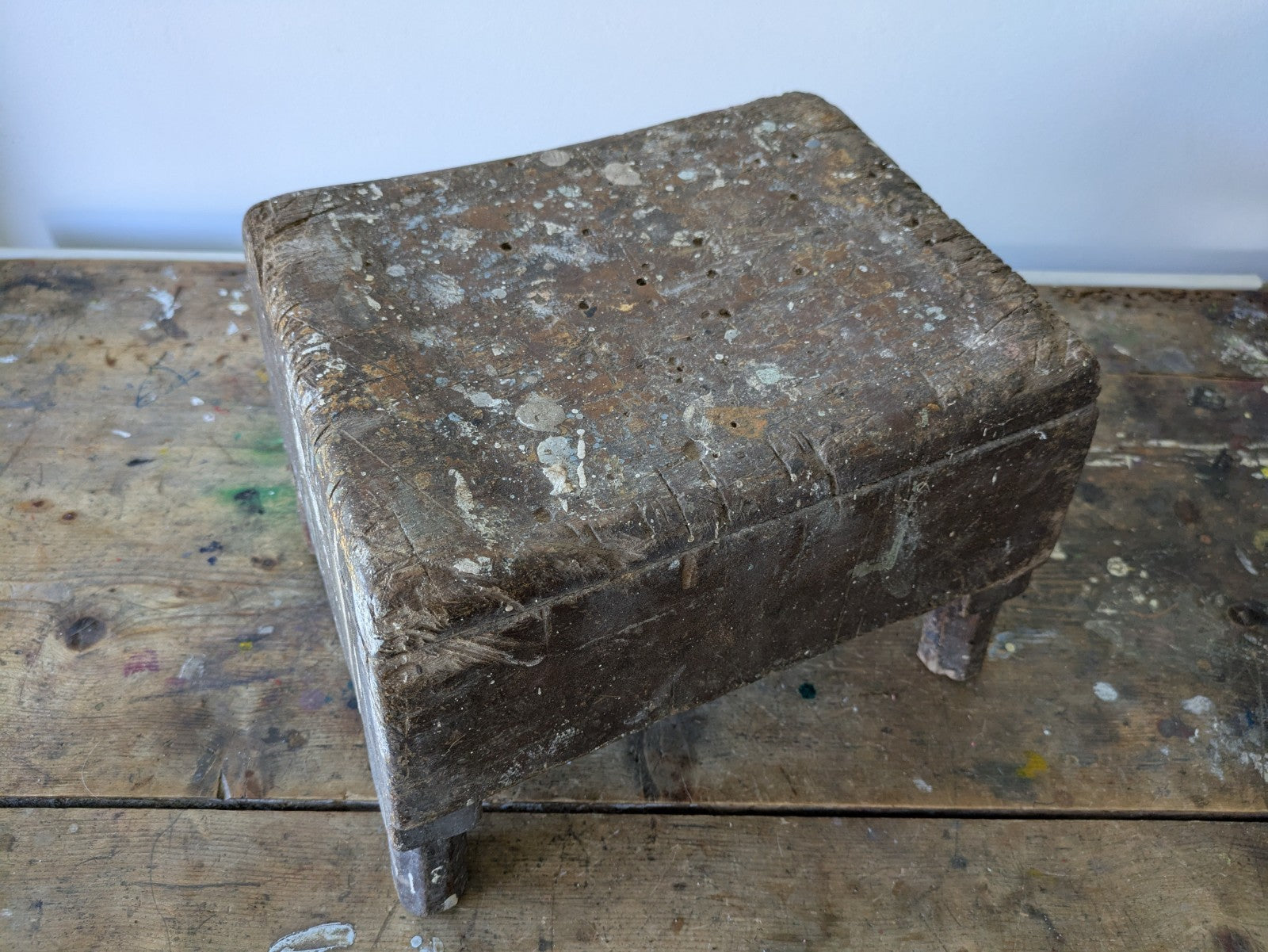 Antique Vintage Painters Stool Bench Wooden Seat Worn Distressed Artist Chippy 