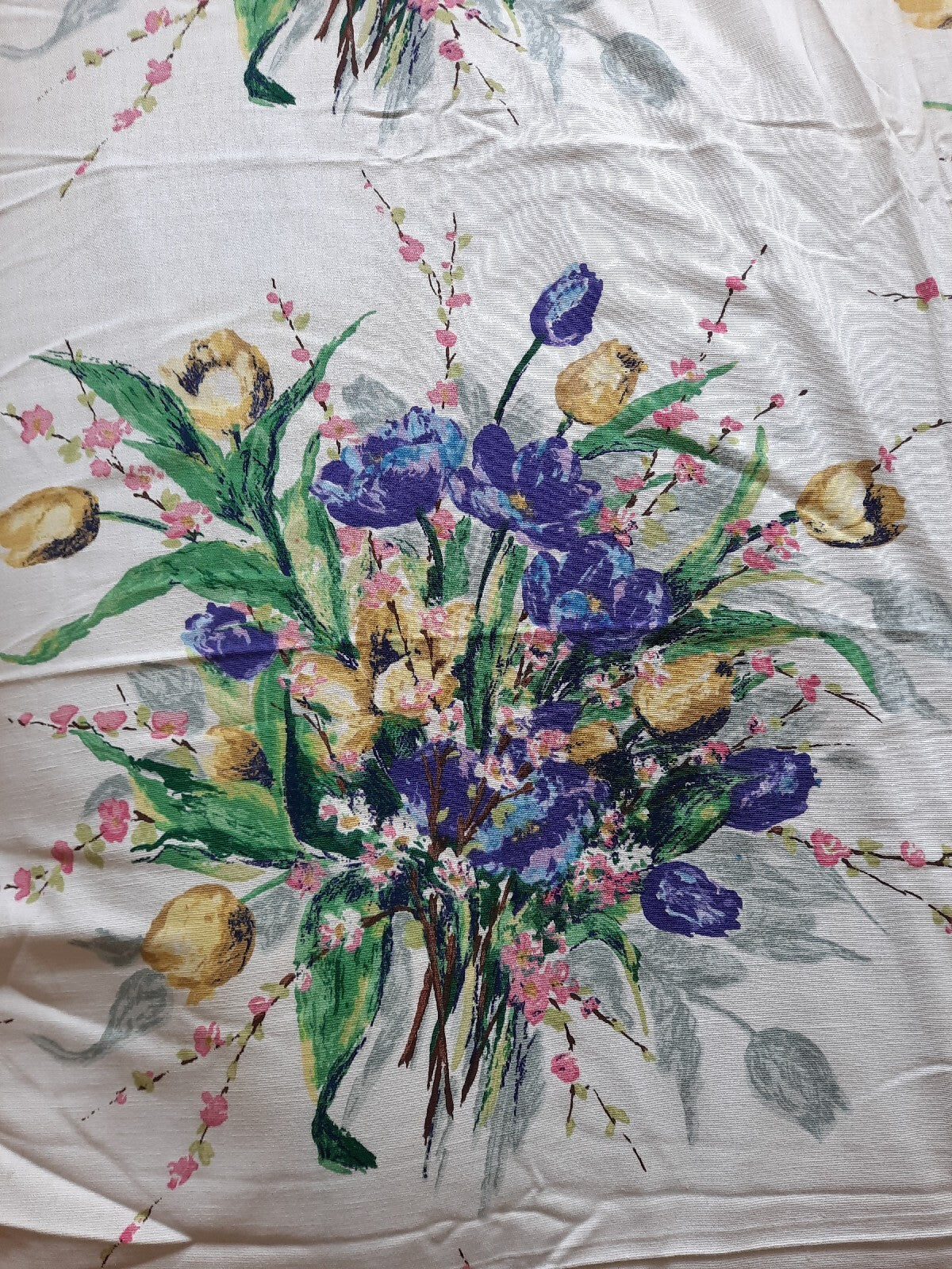 100% Cotton French Interior Fabric Bouquet Vintage White Floral 2.1m Tulips Rare