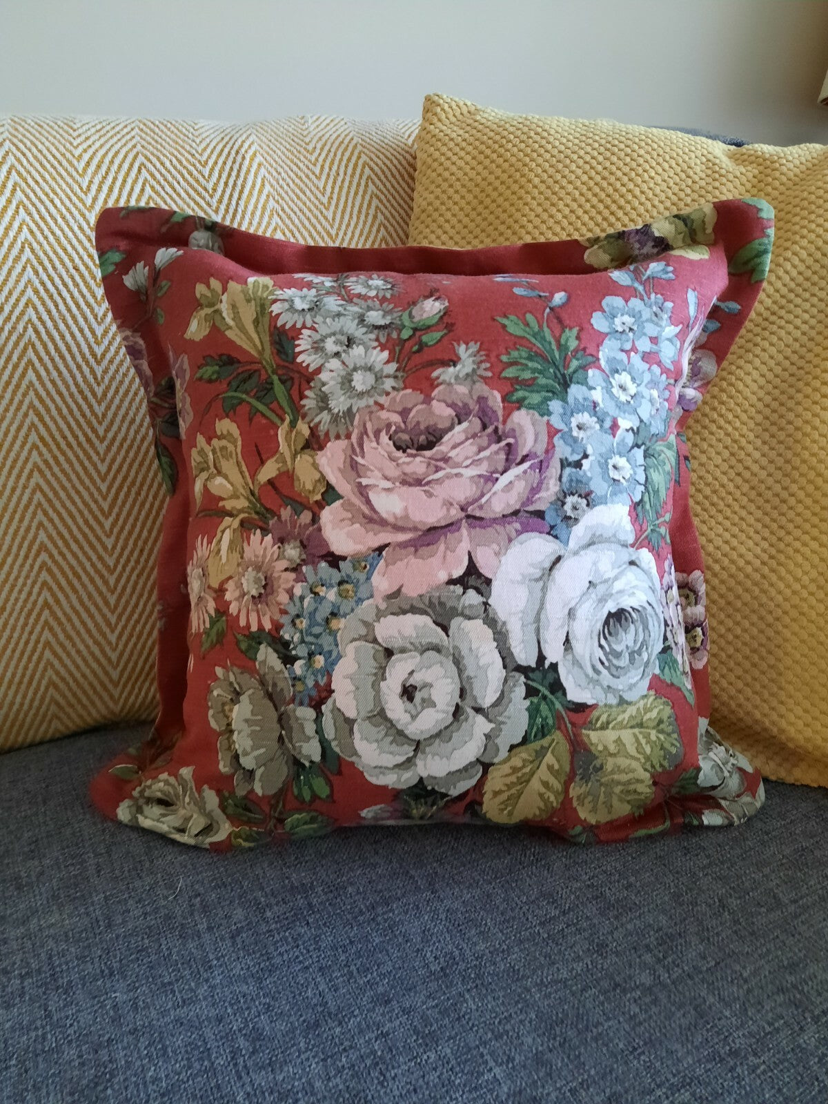 Vintage Sanderson Floral LINEN Cushion Cover inner Square 50cm sq feather pink