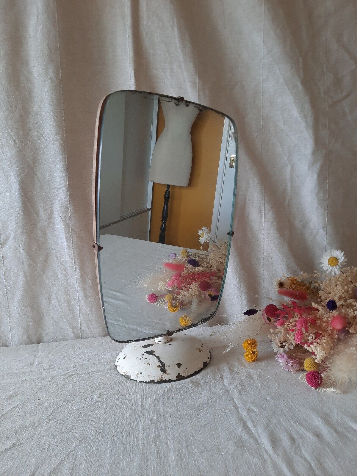 Vintage Vanity Mirror Metal Chippy Table Top Asymmetric old Retro Midcentury 