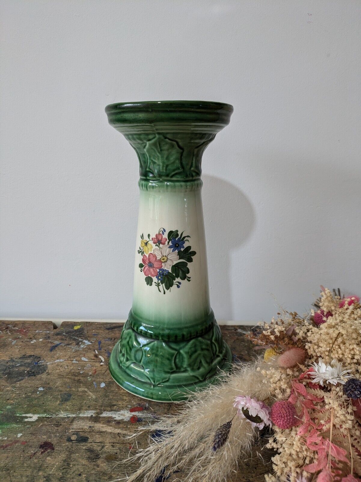 Stunning Vintage Italy Ceramic Jardinere Pedestal Holly Floral Rose Stand 29.5cm
