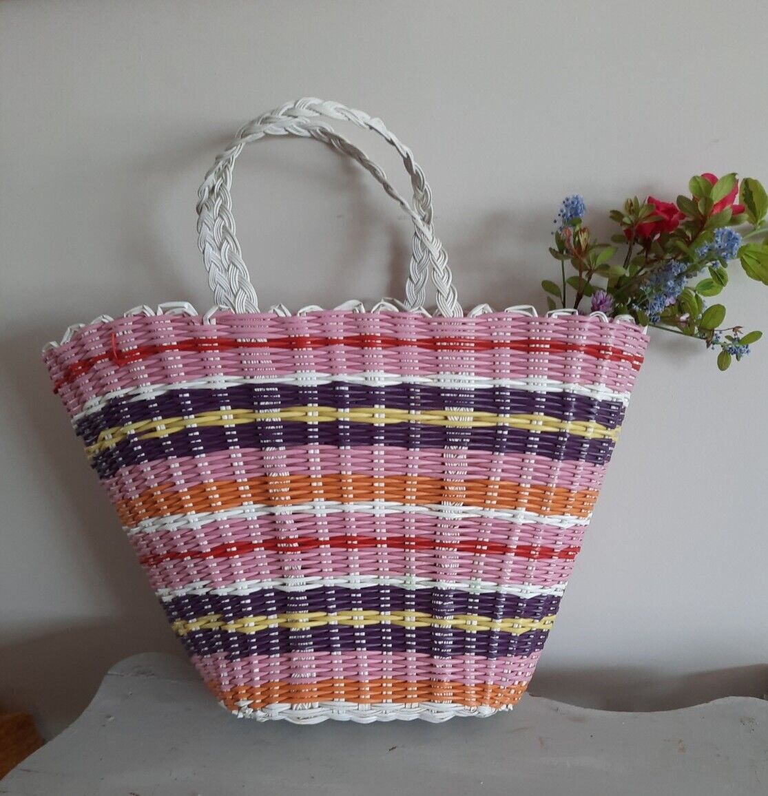 Vintage Woven retro large shopping basket flower handbag plastic bag pink stripe