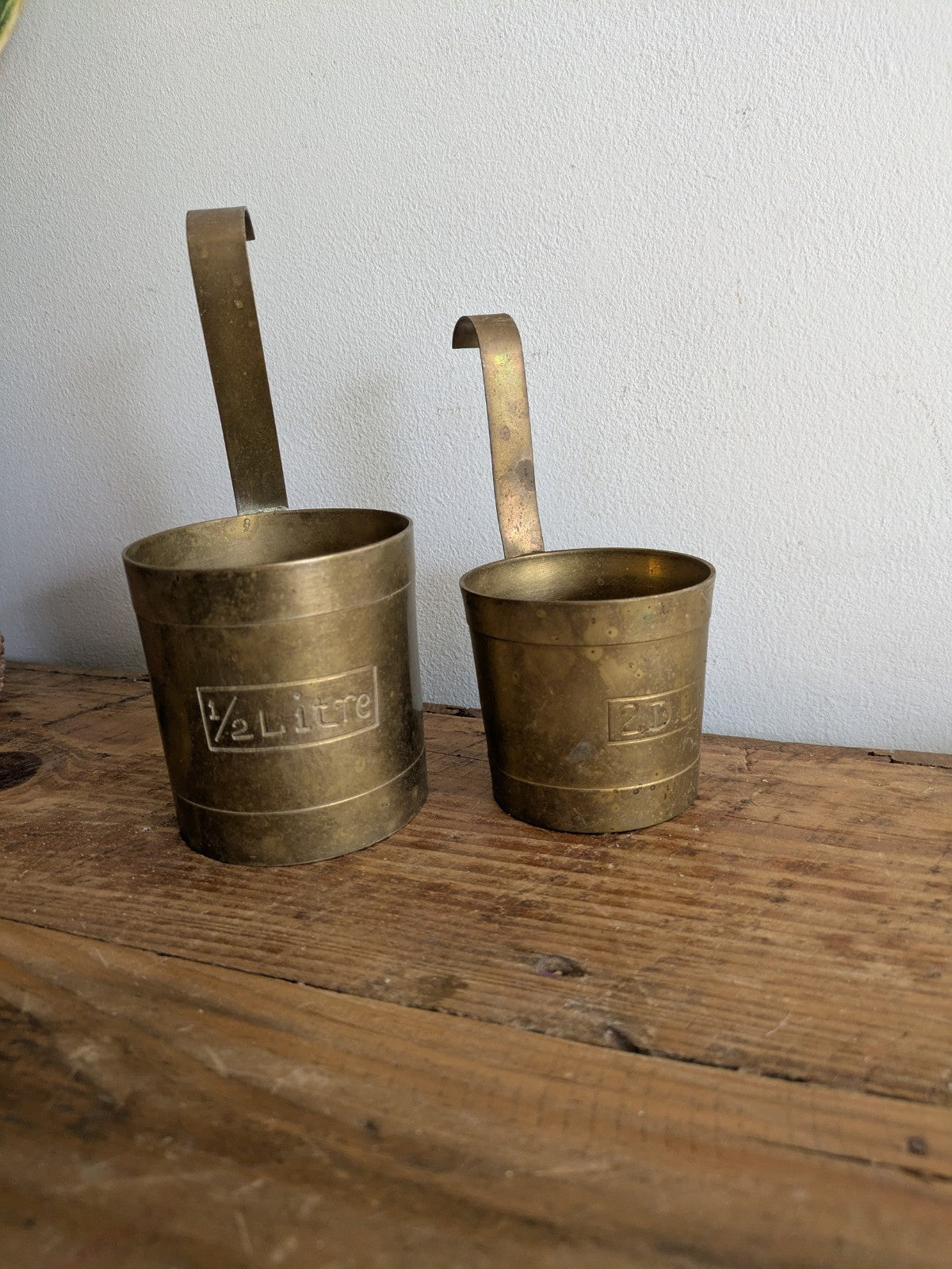 Set 2 Measuring Cups. Brass. Hanging Hooks. Vintage Planters x2 Milk Pots Props