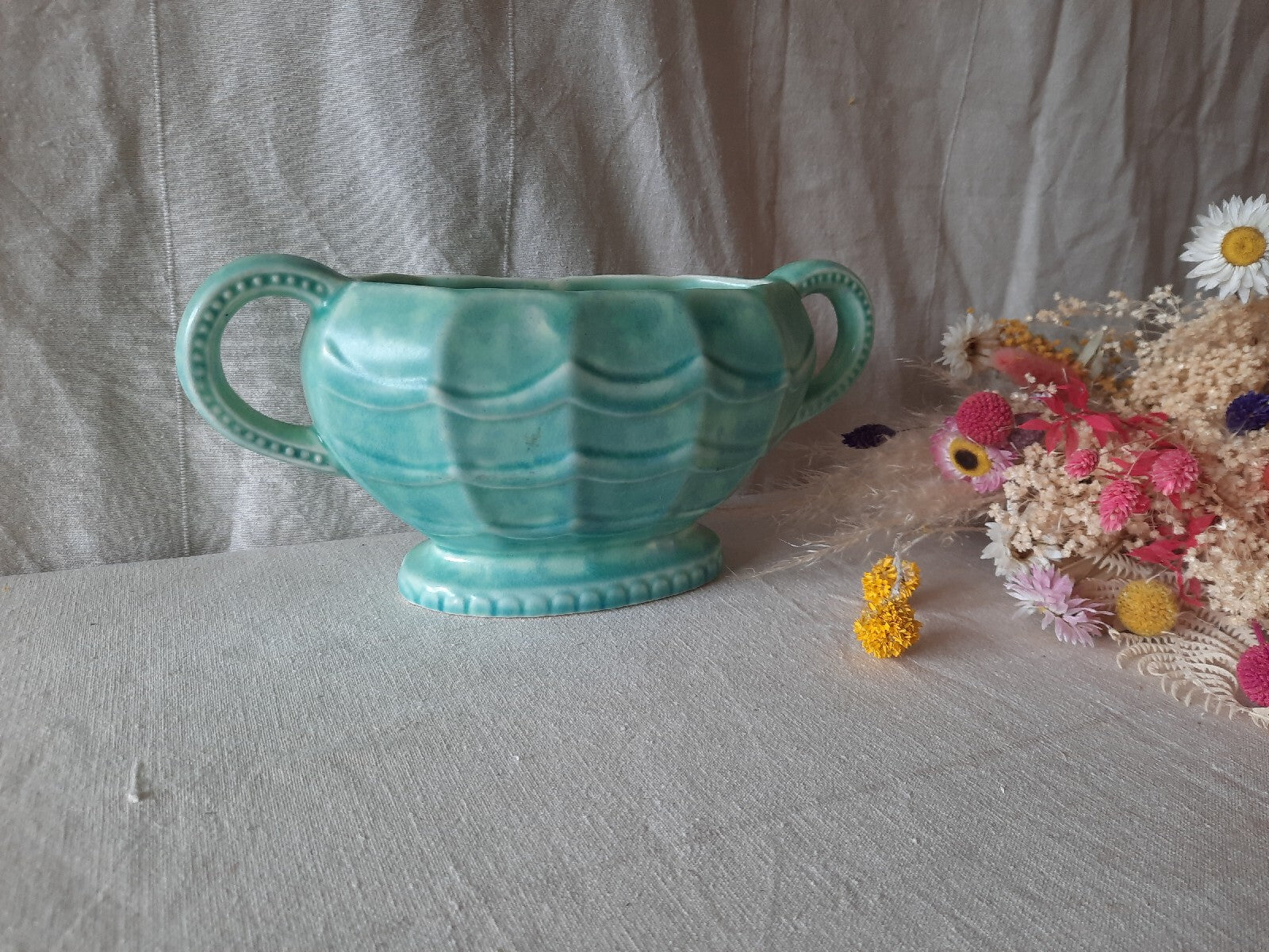 Vintage Retro Stoneware England 1930s Green Ornament Mantle Vase Art Deco Rare
