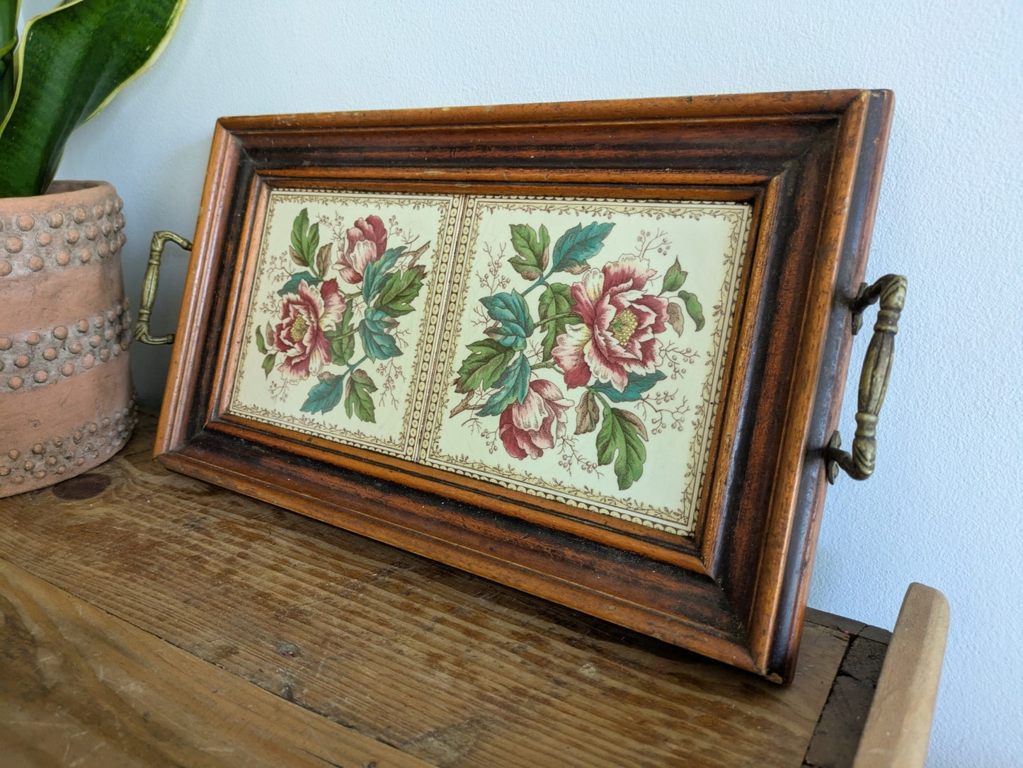 Vintage Tray Ceramic Rose Floral Tiles Wooden Frame & Brass Handles Serving Old!