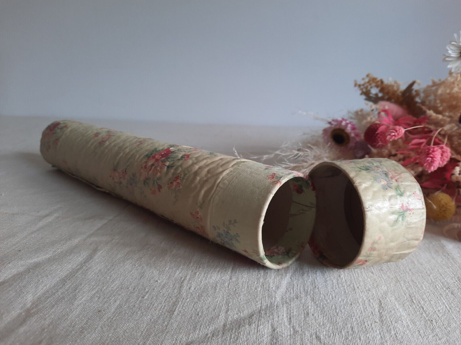Vintage Knitting Needle Floral Case Rose Fabric Tube Rare Antique French Shabby 