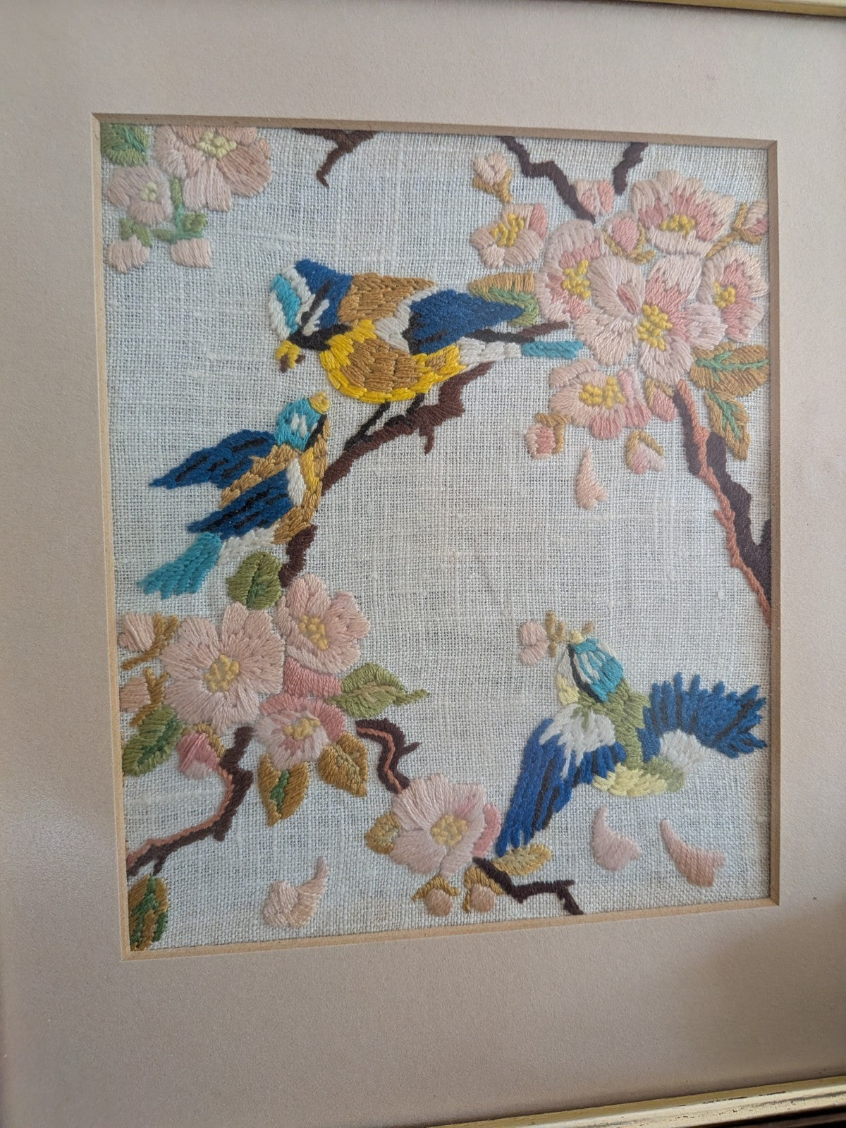 Vintage Blue Tit Needlepoint Embroidery Floral Art Handmade Framed Birds Blossom