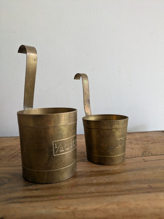Set 2 Measuring Cups. Brass. Hanging Hooks. Vintage Planters x2 Milk Pots Props
