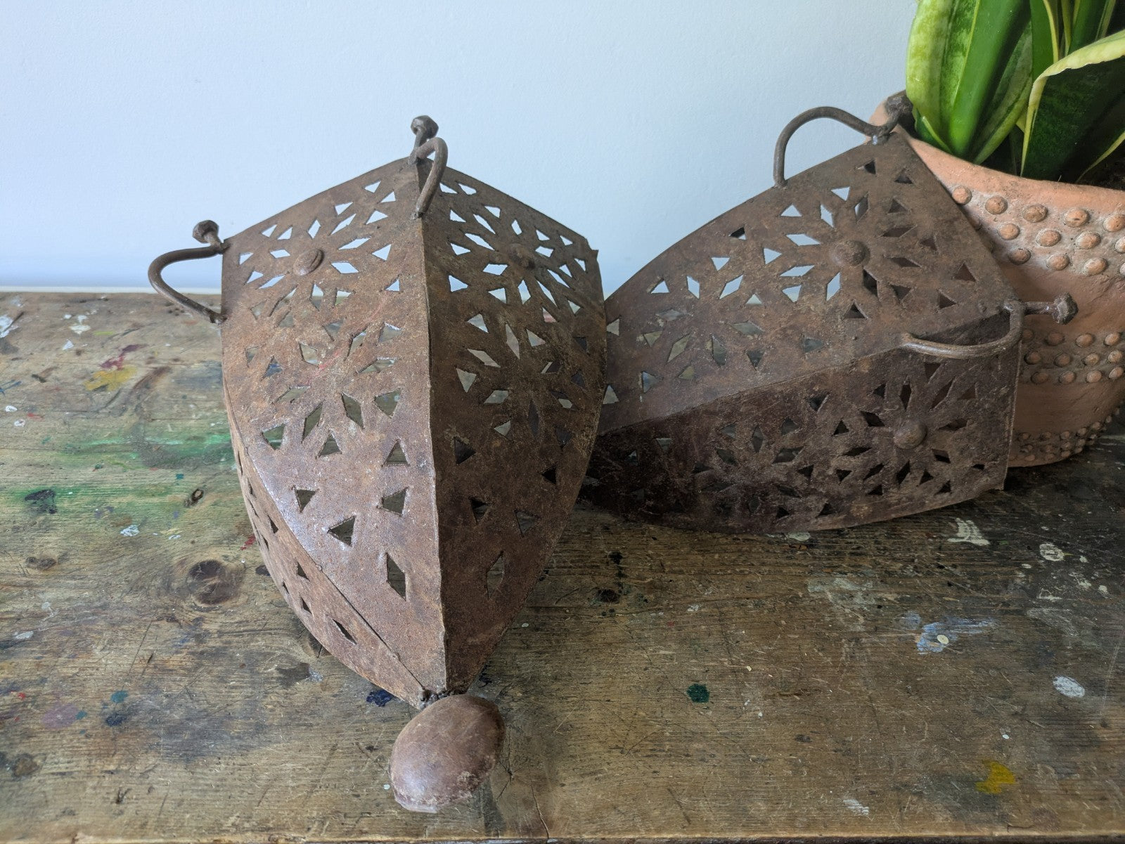 Pair Handmade Pierced Open Iron Moroccan Wall Sconces Lights Candles Lamp Decor