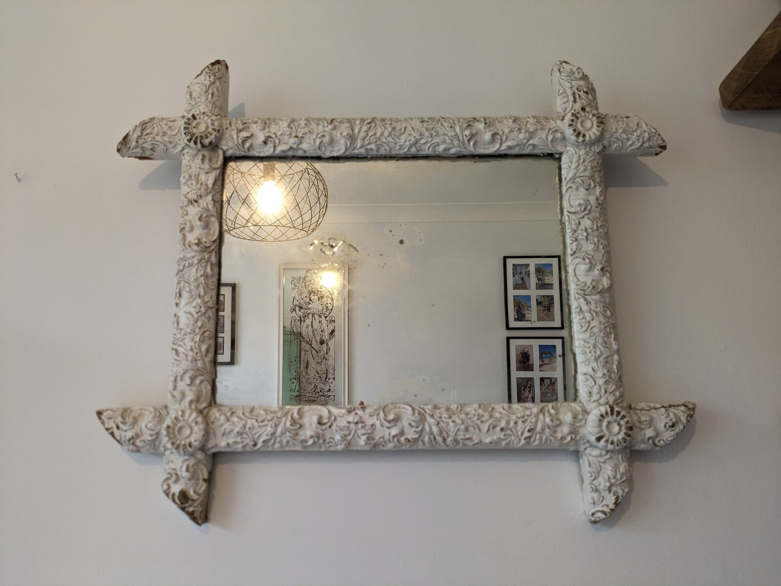 Late 19th century French Detailed distressed mirror Chippy Antique Rare Mercury