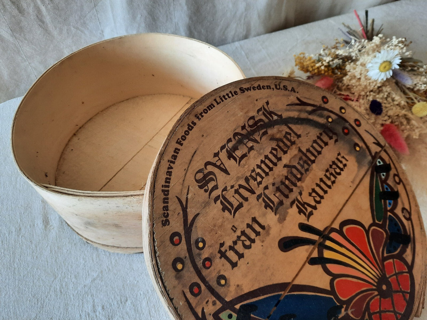 Vtg Wooden Pantry Box Hand Painted Flowers Little Sweden, USA Food Bentwood Rare