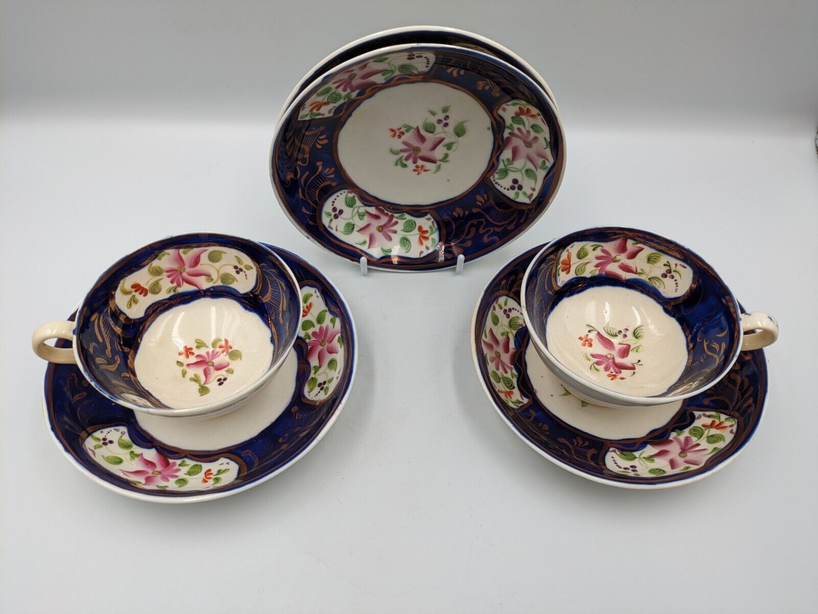 ANTIQUE Mid 1800’s ENGLISH GAUDY WELSH TEA CUPS SAUCERS DUOS COBALT BLUE COPPER 