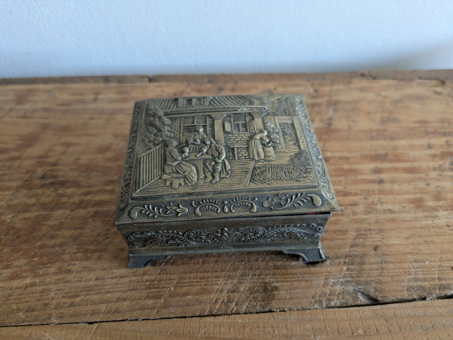 Vintage Japanese Footed Metal Jewelry Trinket Box Silver Tone Red Velvet Lining