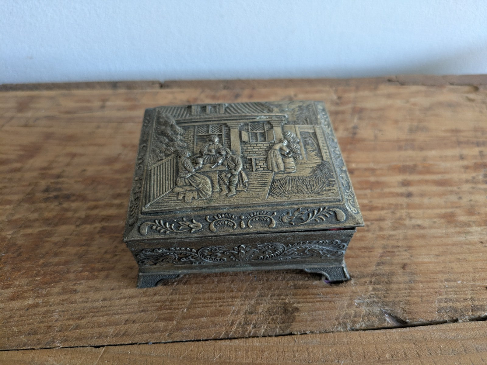 Vintage Japanese Footed Metal Jewelry Trinket Box Silver Tone Red Velvet Lining