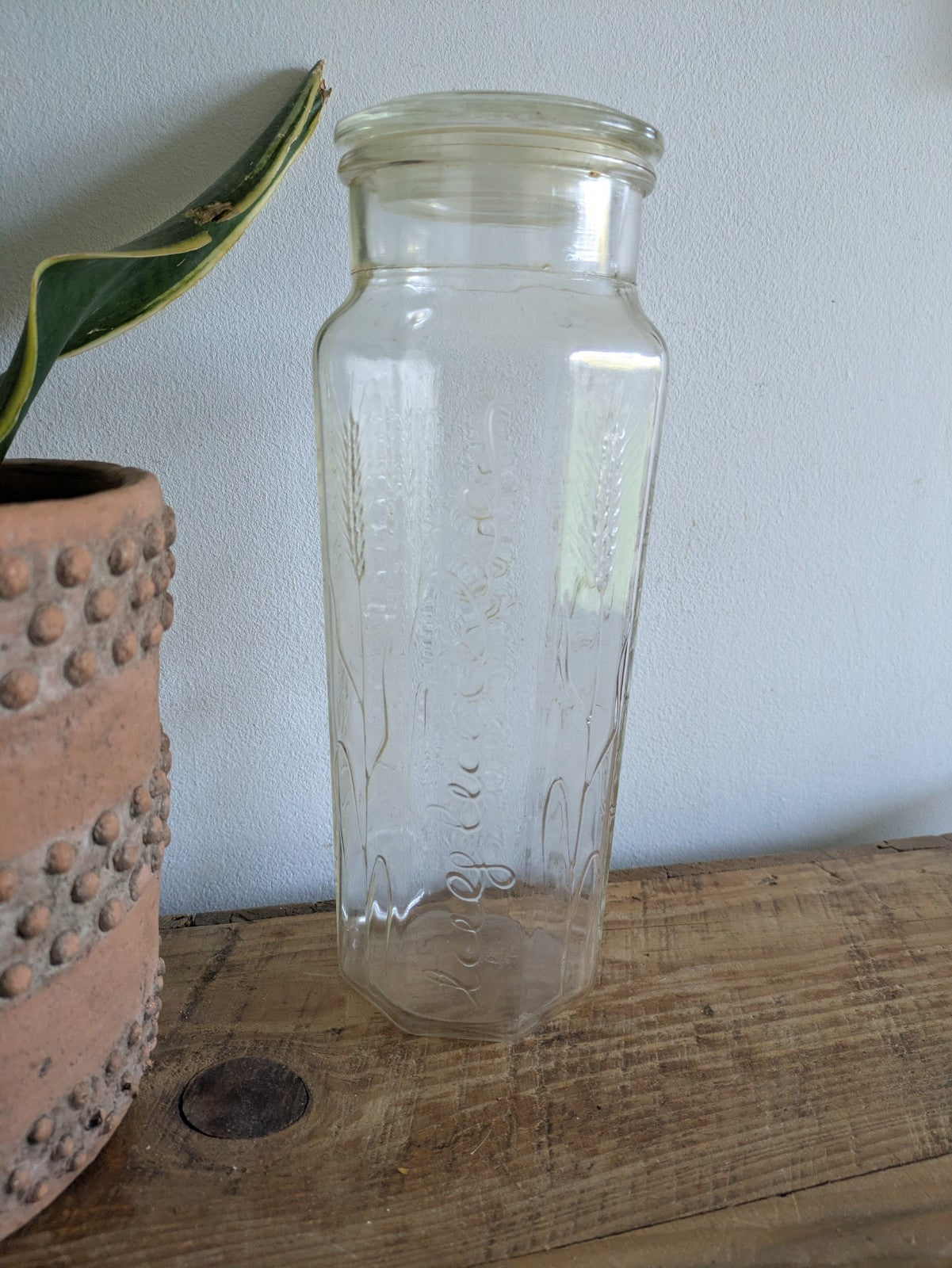 Retro Vintage Embossed Glass Spaghetti Pasta Storage Jar Tall Linguini Container