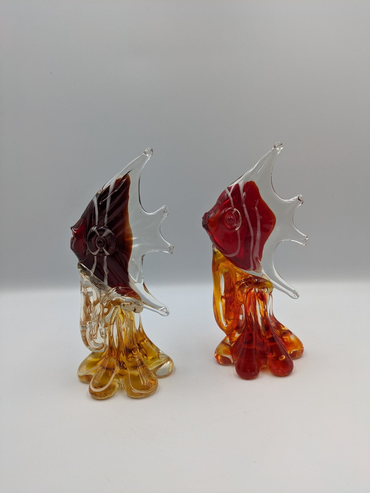 2x Glass Hand Blown Red Orange White Angel Fish Paperweight Figurine Art Deco