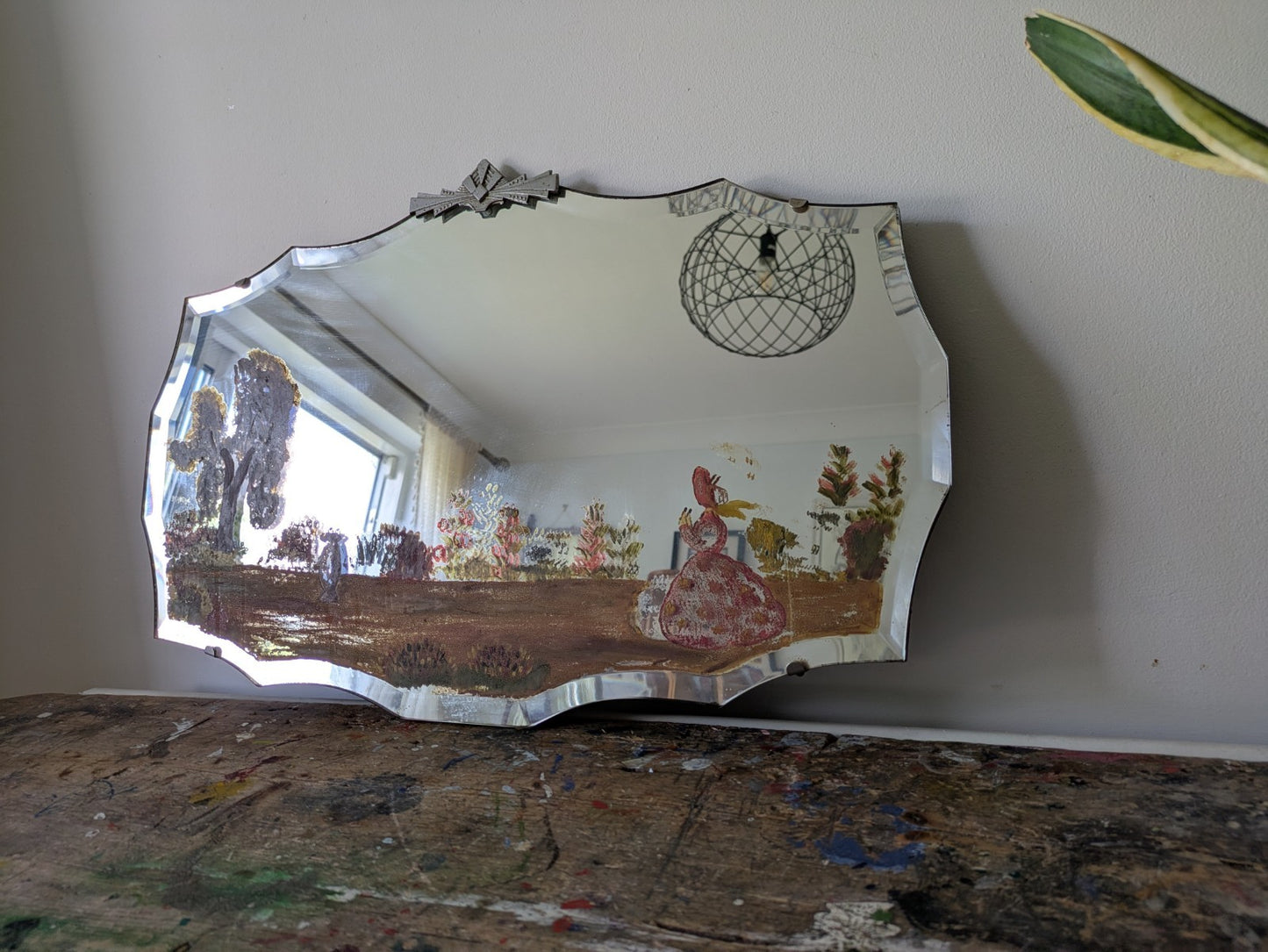 Vintage Art Deco Hand Painted Bevelled Wall Mirror Crinoline Lady Spring Garden