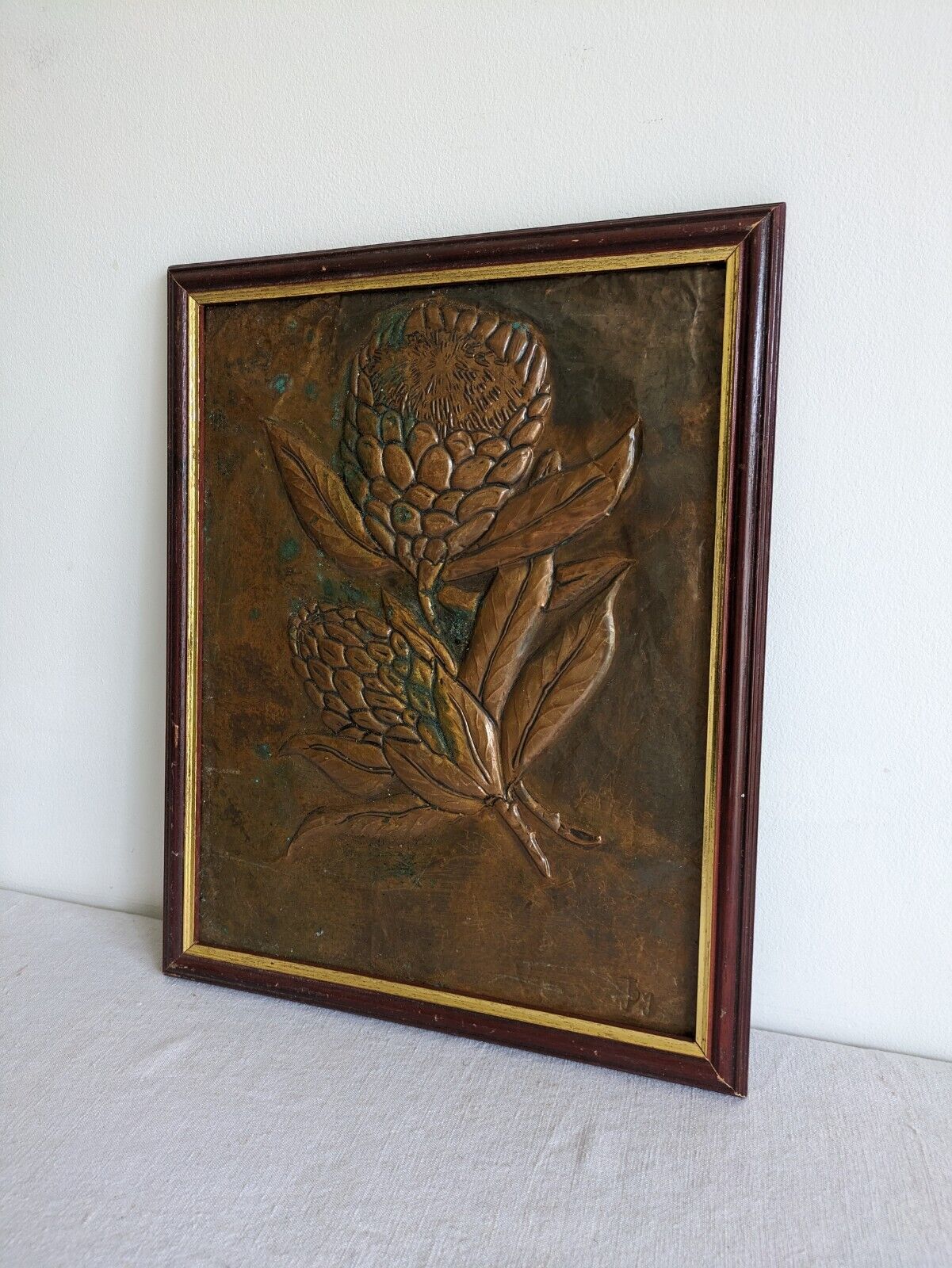 Vintage Copper Plaque Framed Picture Flowers Floral Protia Signed Joy Large Rare