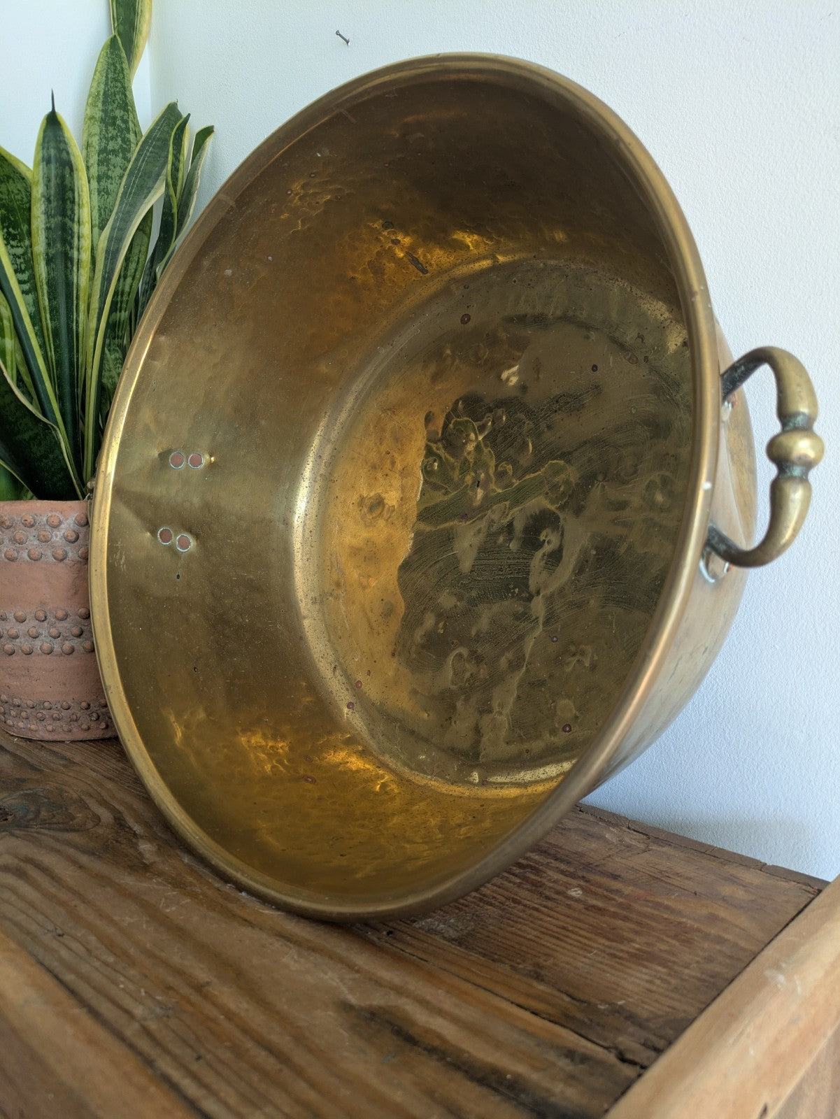 Antique 19thC Victorian Brass Pot Pan Double Handles Giant XL Size Chef Kitchen