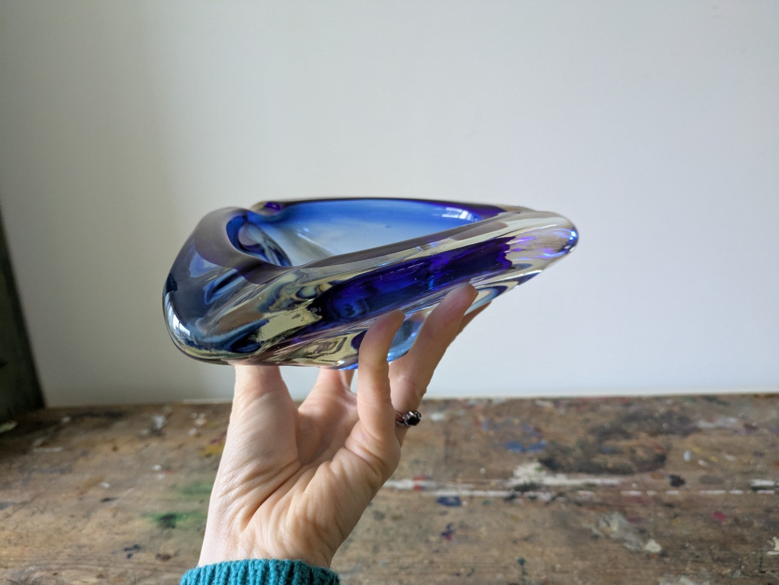 VINTAGE ITALIAN MURANO SOMMERSO  ART GLASS DISH MID CENTURY Modern Ash Tray BLUE