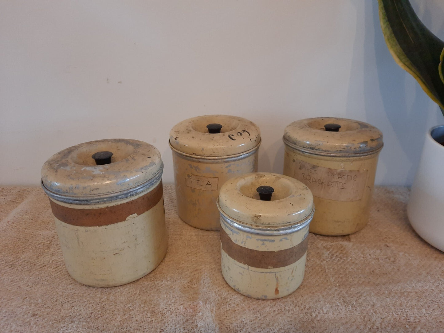 4x Vintage 1950s Cream distressed Garrison Ware Canisters Storage Tea metal retr