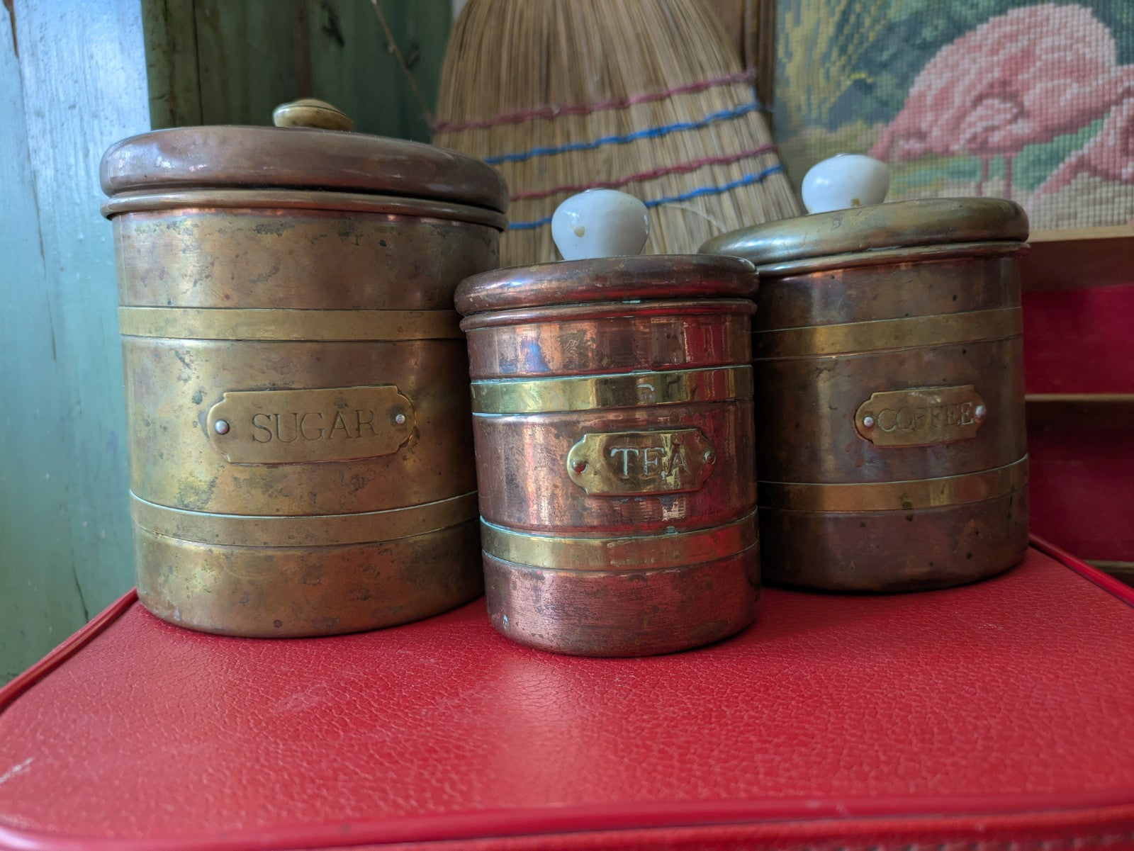 Antique Copper & Brass Tea Coffee Sugar Set Country Farm House Kitchenalia Vtg 