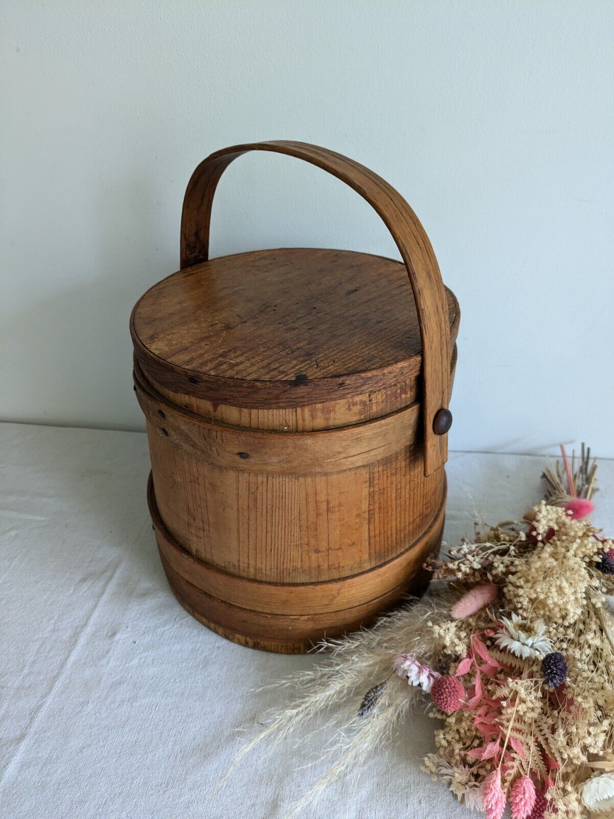 Vintage Wooden Firkin Sugar Bucket Lid Handle Primitive Pantry Pail 19th Century