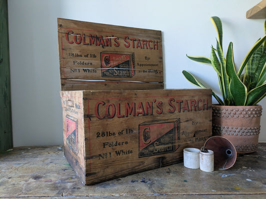 Antique Colmans Starch Printed Wooden Crate Original Large Vintage Advertising 