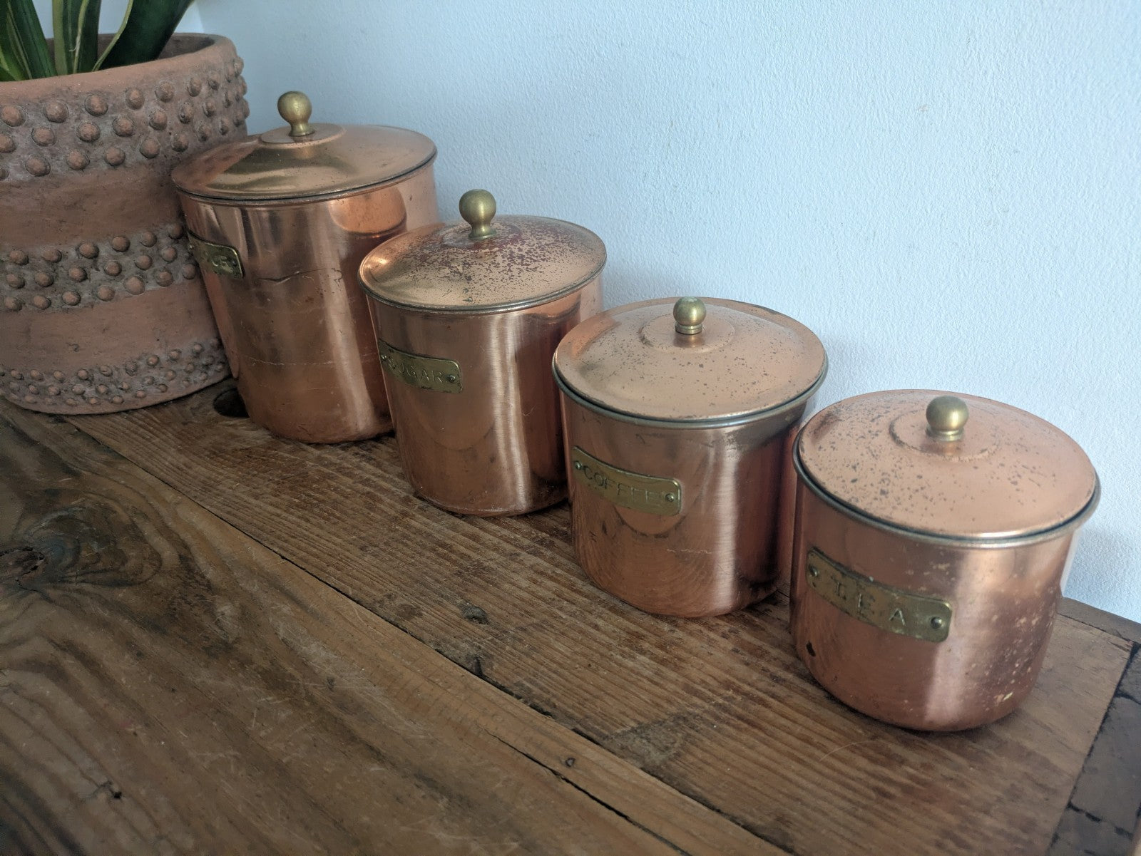 Vtg Copper 4 Nesting Kitchen Canisters MCM Farmhouse Flour Tea Coffee Sugar Prop