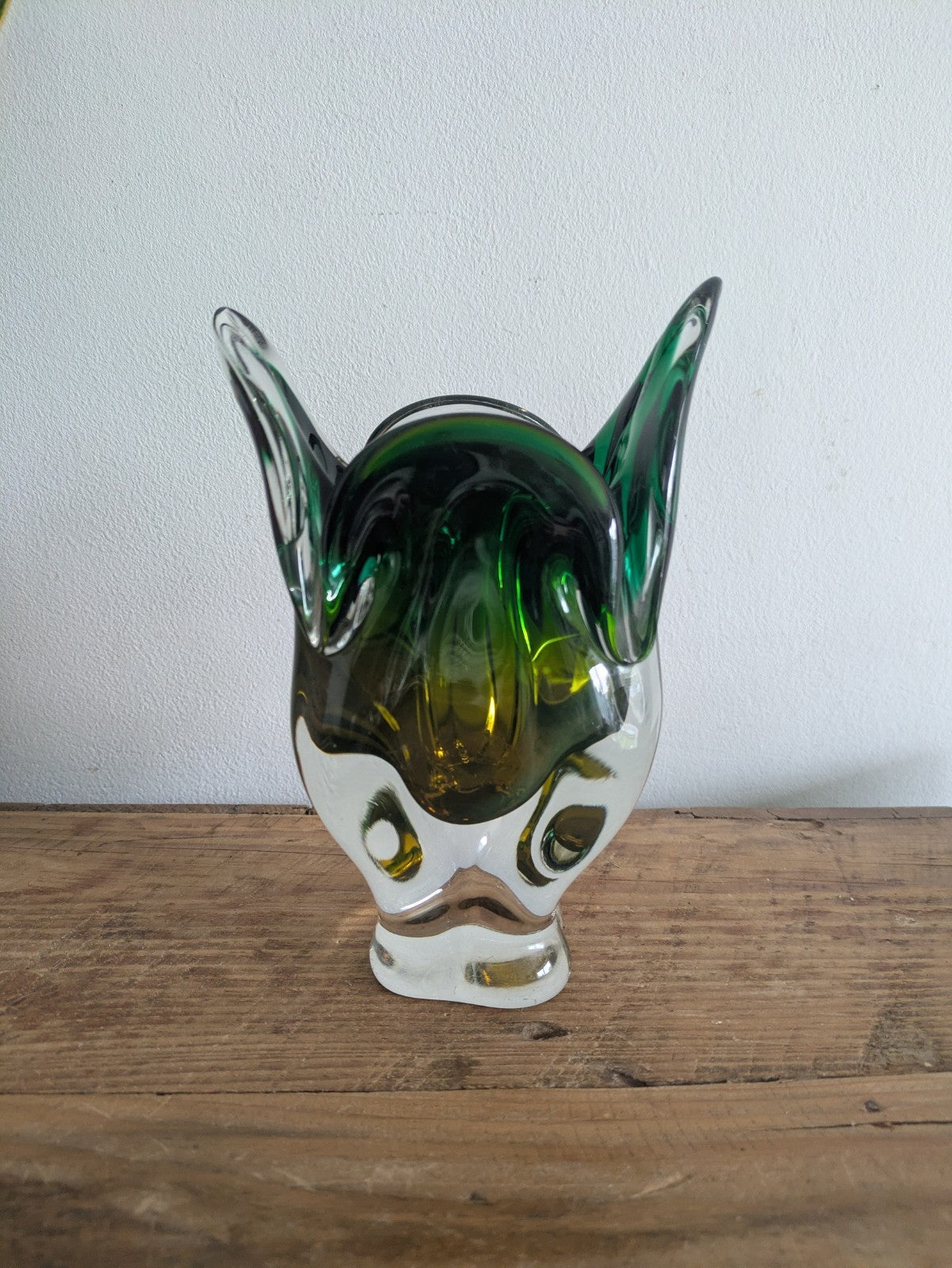 LARGE HEAVY GREEN & YELLOW CZECH CHRIBSKA FREEFORM ART GLASS VASE JOSEF HOSPODKA