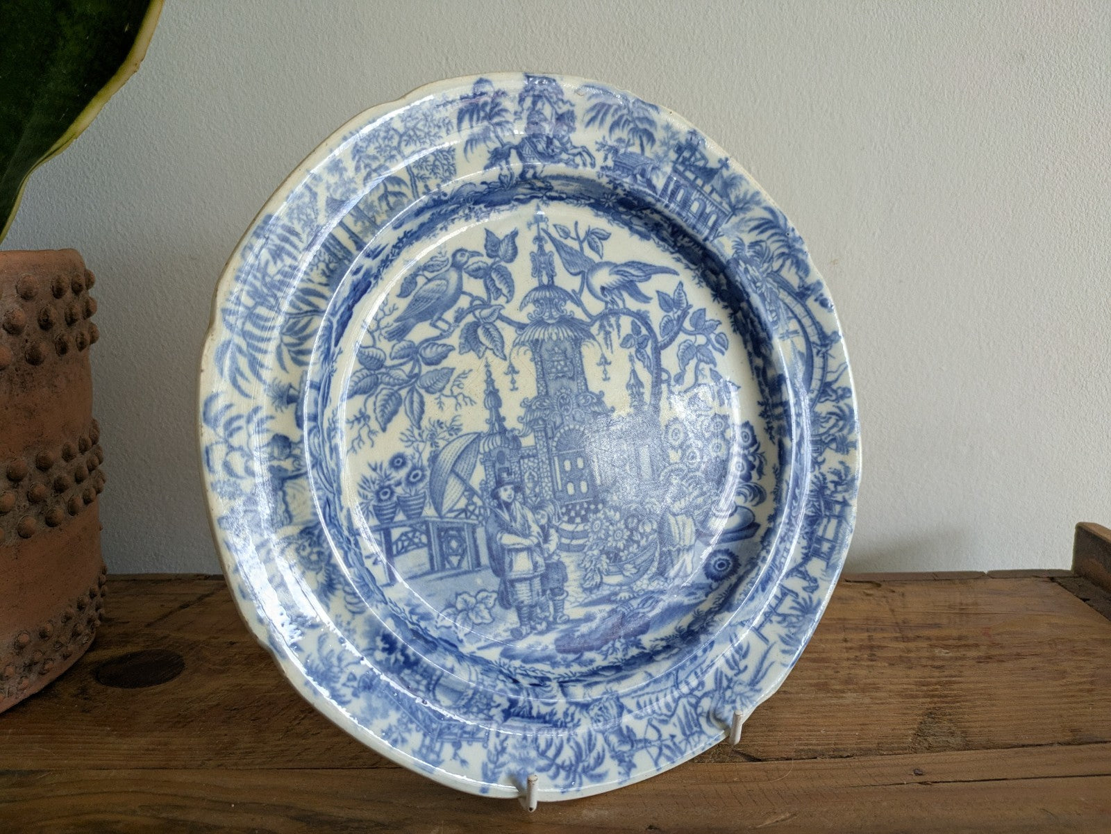 Early 19th Century Chinoiserie Blue & White Printed Plate Rare Antique Warrior