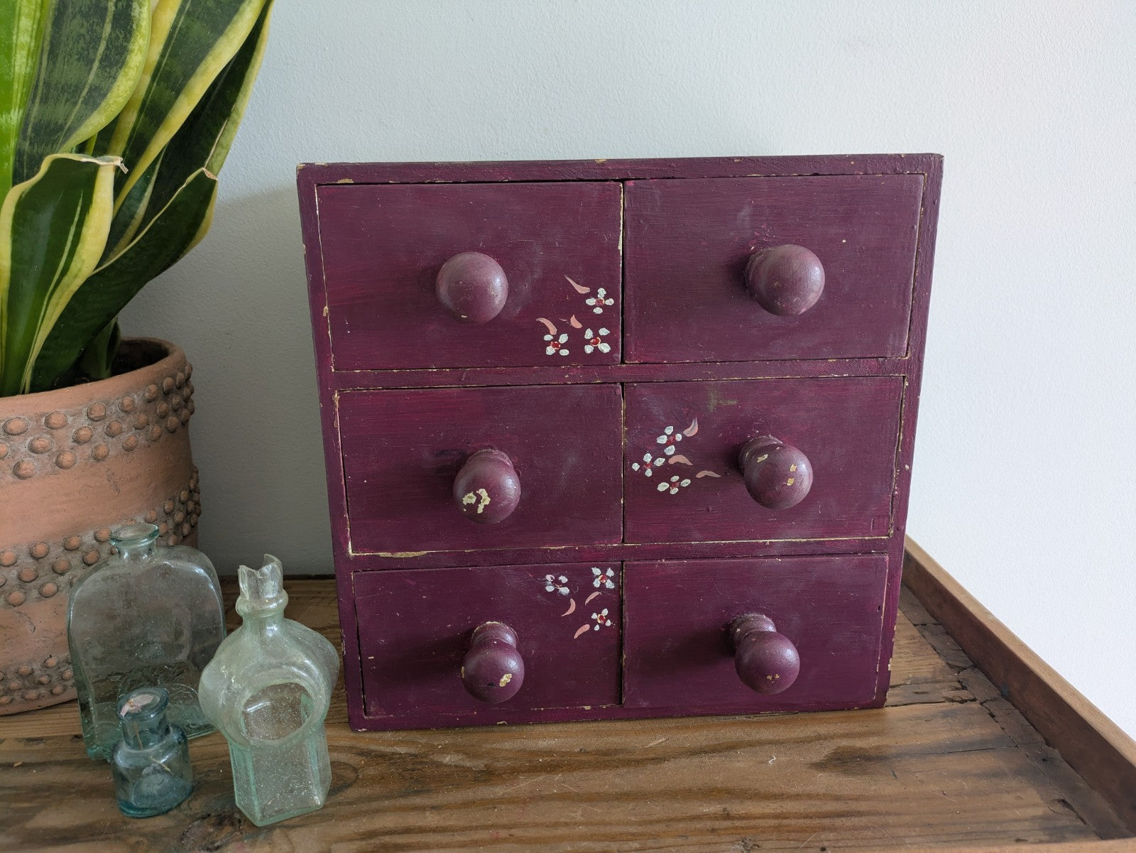 VTG Painted Drawer Office Craft Drawers Table Desk Top Index Work Sewing Purple