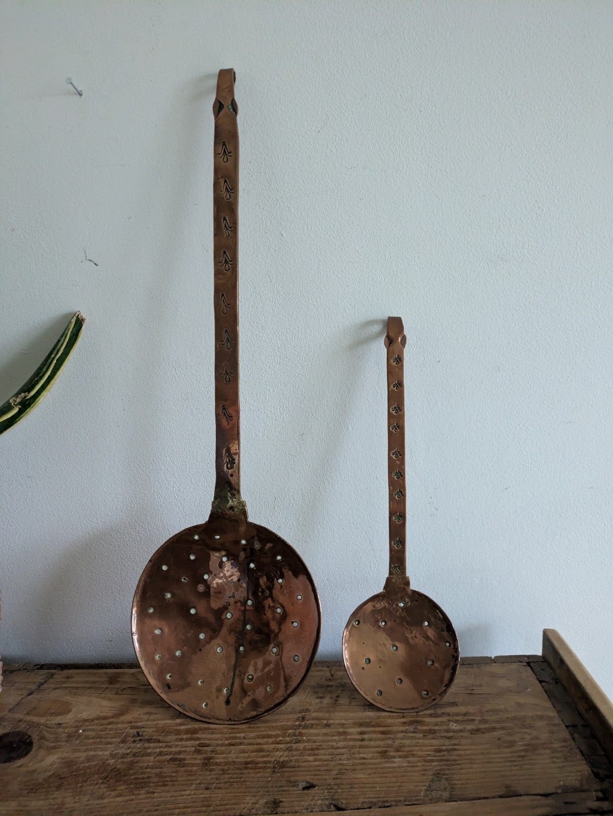 2x Antique 19th Century French Hammered Copper Strainer Skimmer Kitchenalia Vtg